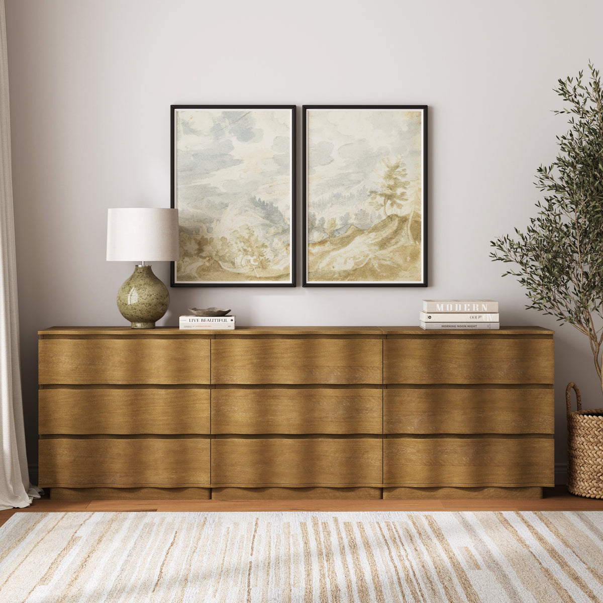 Modern Wood Stackable 9-Drawer Wavy Dresser Light Brown - Nathan James