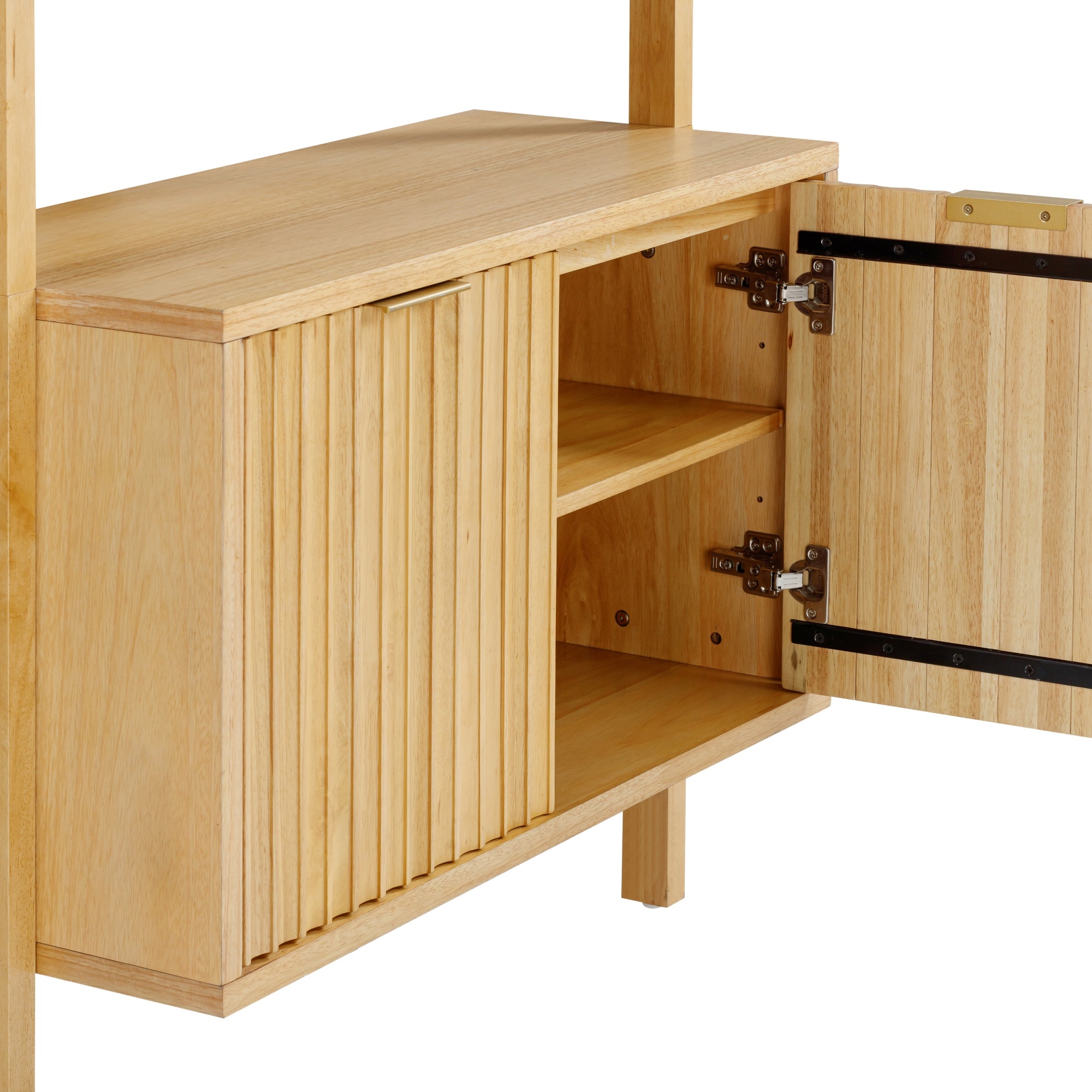 A light wood cabinet with vertical grooves on the doors, one door open showing two inner shelves, and brass hinges attached. The cabinet stands on four legs.