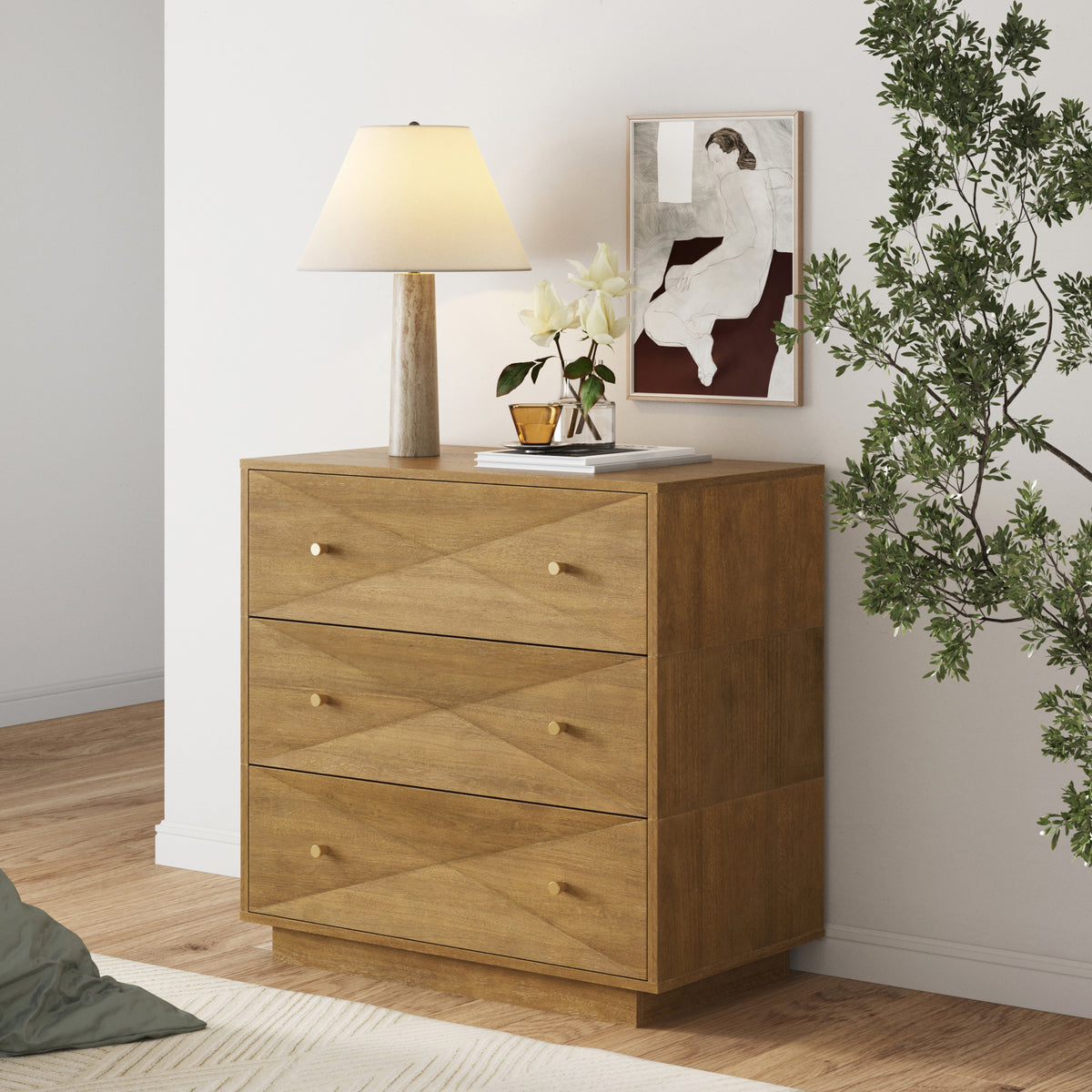 Modern Wood 3-Drawer Geometric Dresser Light Brown