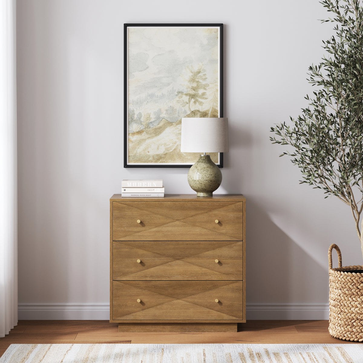 Modern Wood 3-Drawer Geometric Dresser Light Brown - Nathan James