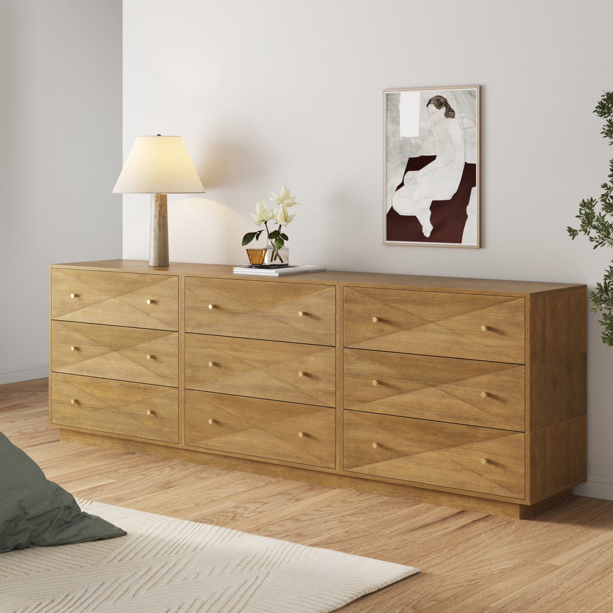 Modern Wood 9-Drawer Geometric Dresser Light Brown