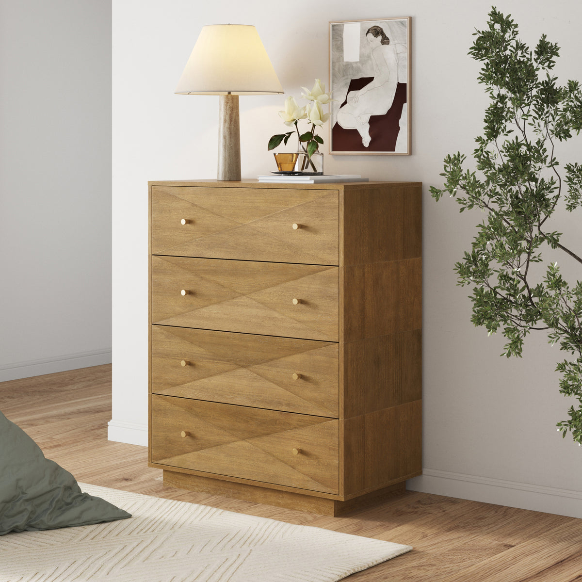 Modern Wood 4-Drawer Geometric Dresser Light Brown