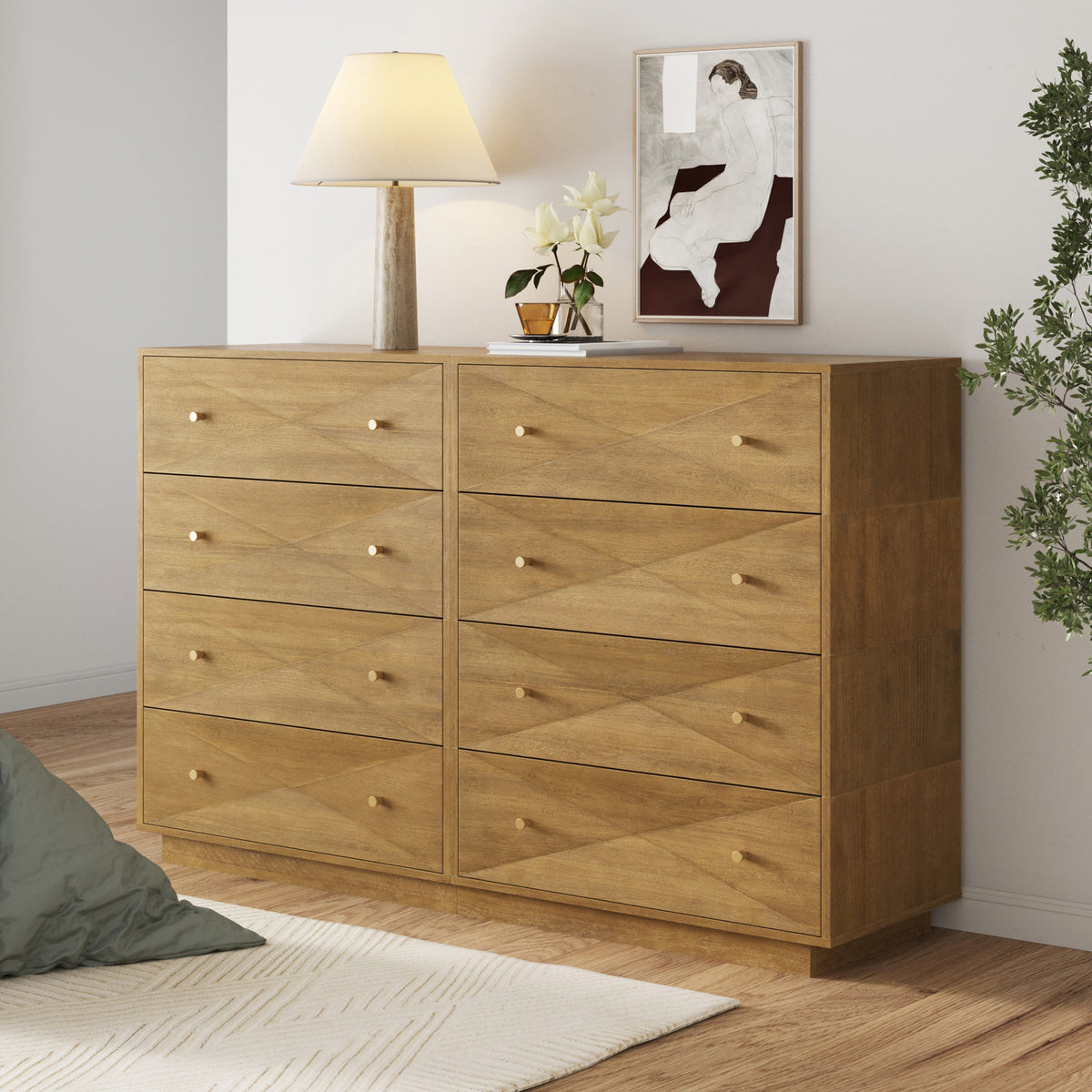 Modern Wood 8-Drawer Geometric Dresser Light Brown