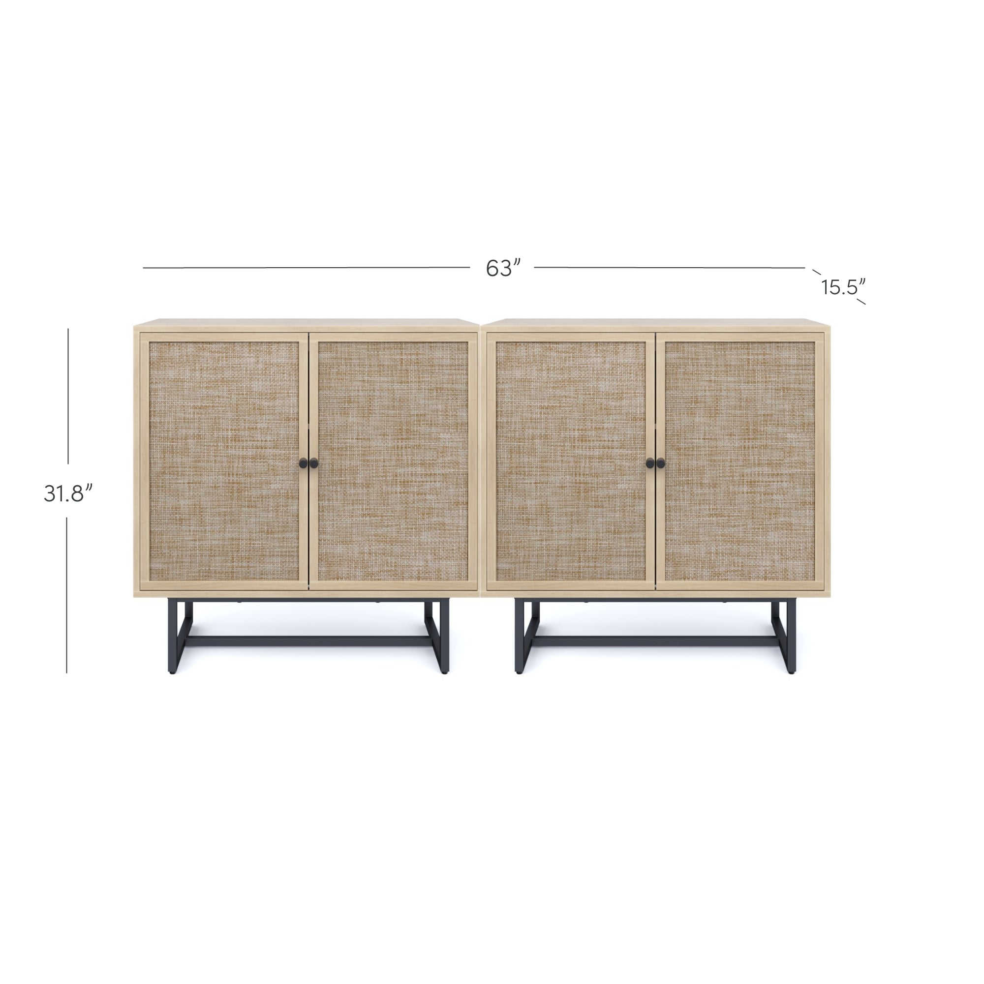 A wooden cabinet with woven rattan doors, black metal legs, and two sets of double doors. Dimensions are 63 inches wide, 15.5 inches deep, and 31.8 inches tall.