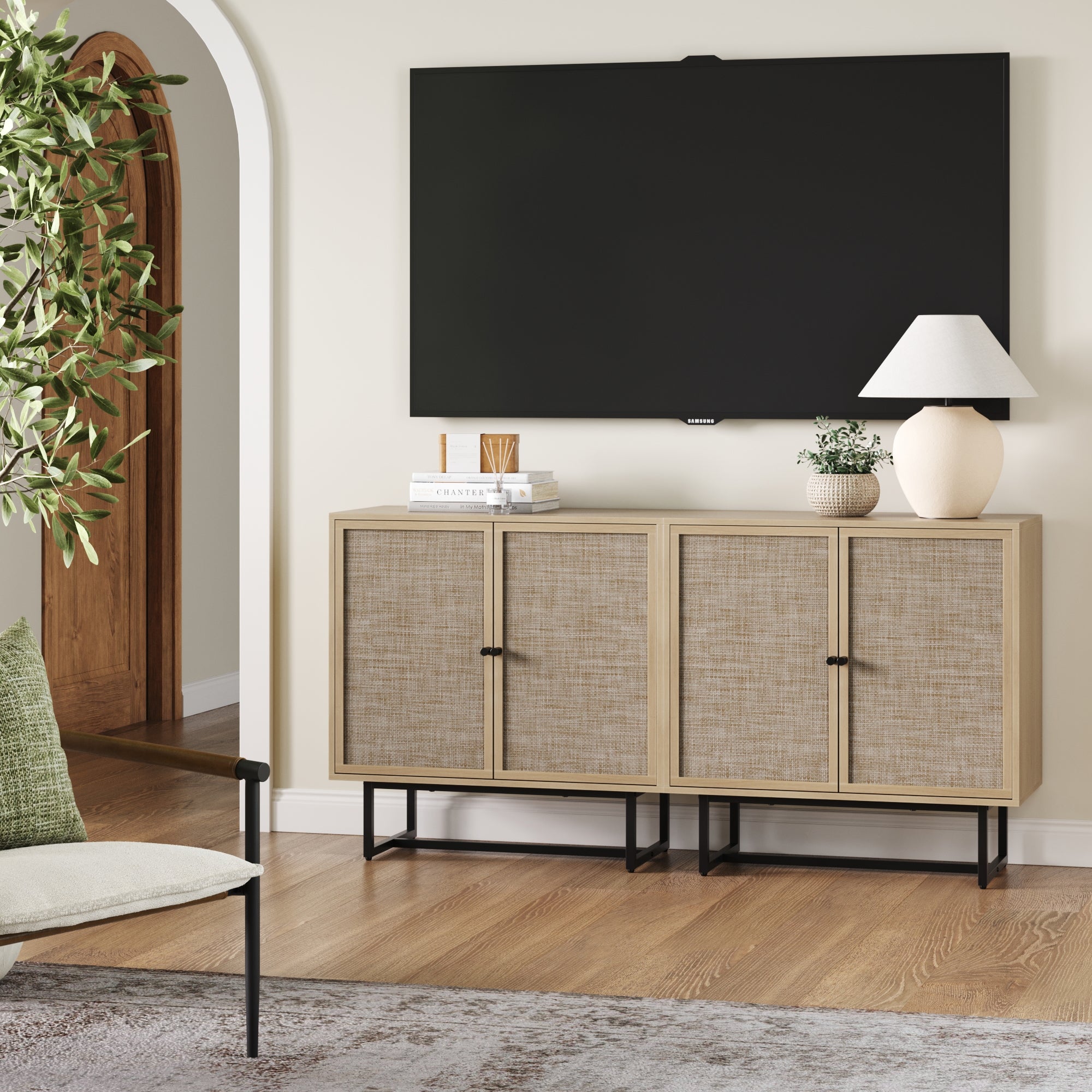 Kova TV Console Wood Seagrass Doors White 65
