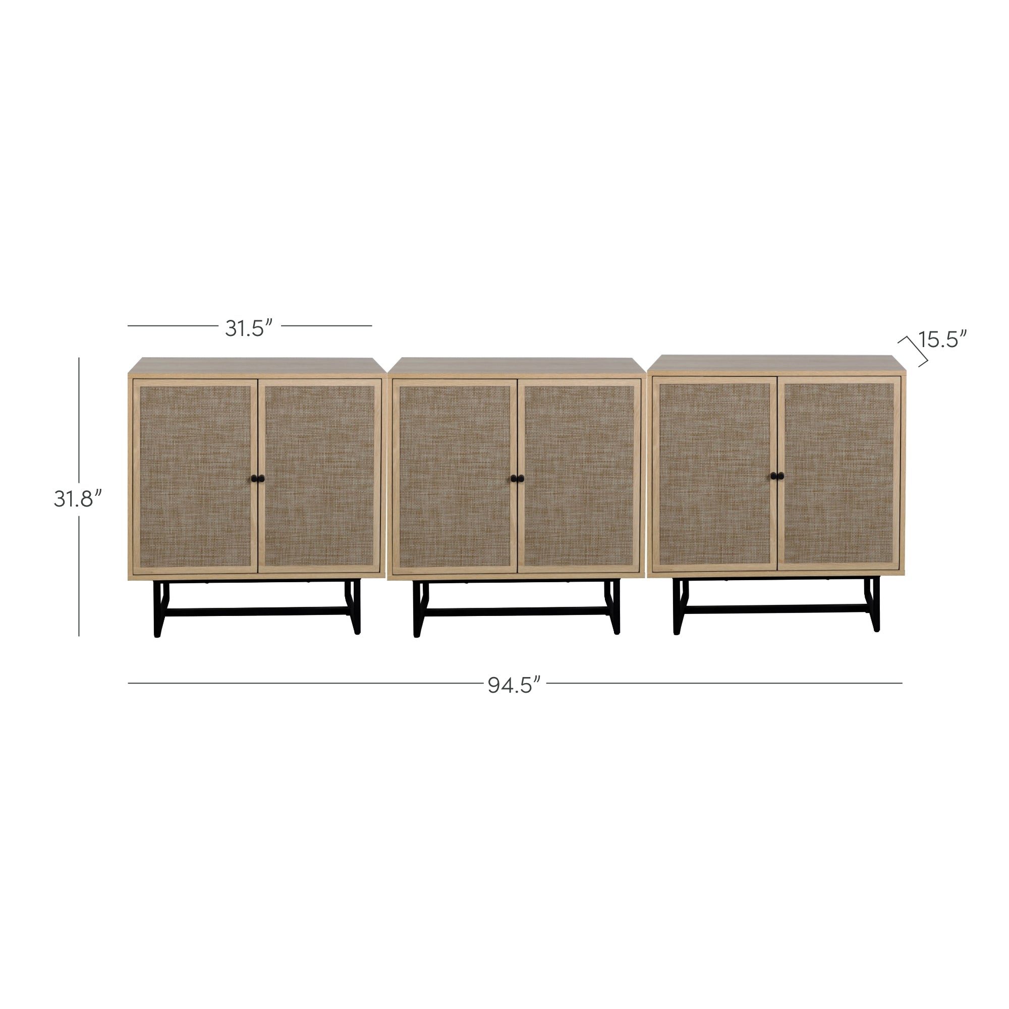A modern sideboard cabinet with four woven front doors, light wood frame, and black legs. Dimensions are shown: 94.5 wide, 31.8 high, 15.5 deep, and each door section is 31.5 wide.