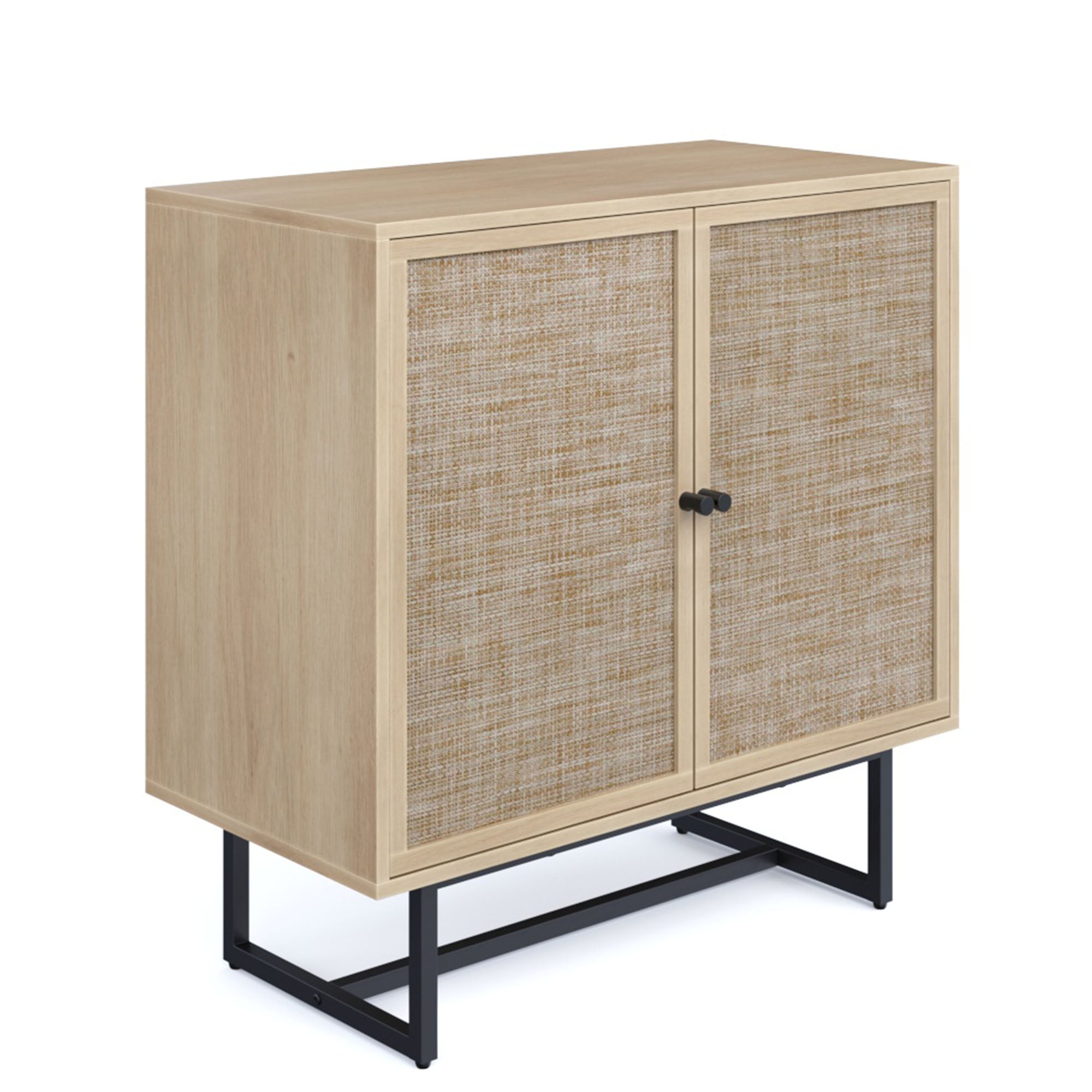 A light wood cabinet with two woven rattan doors, black knobs, and a black metal base. The design is modern and minimalistic, with a rectangular shape and clean lines.