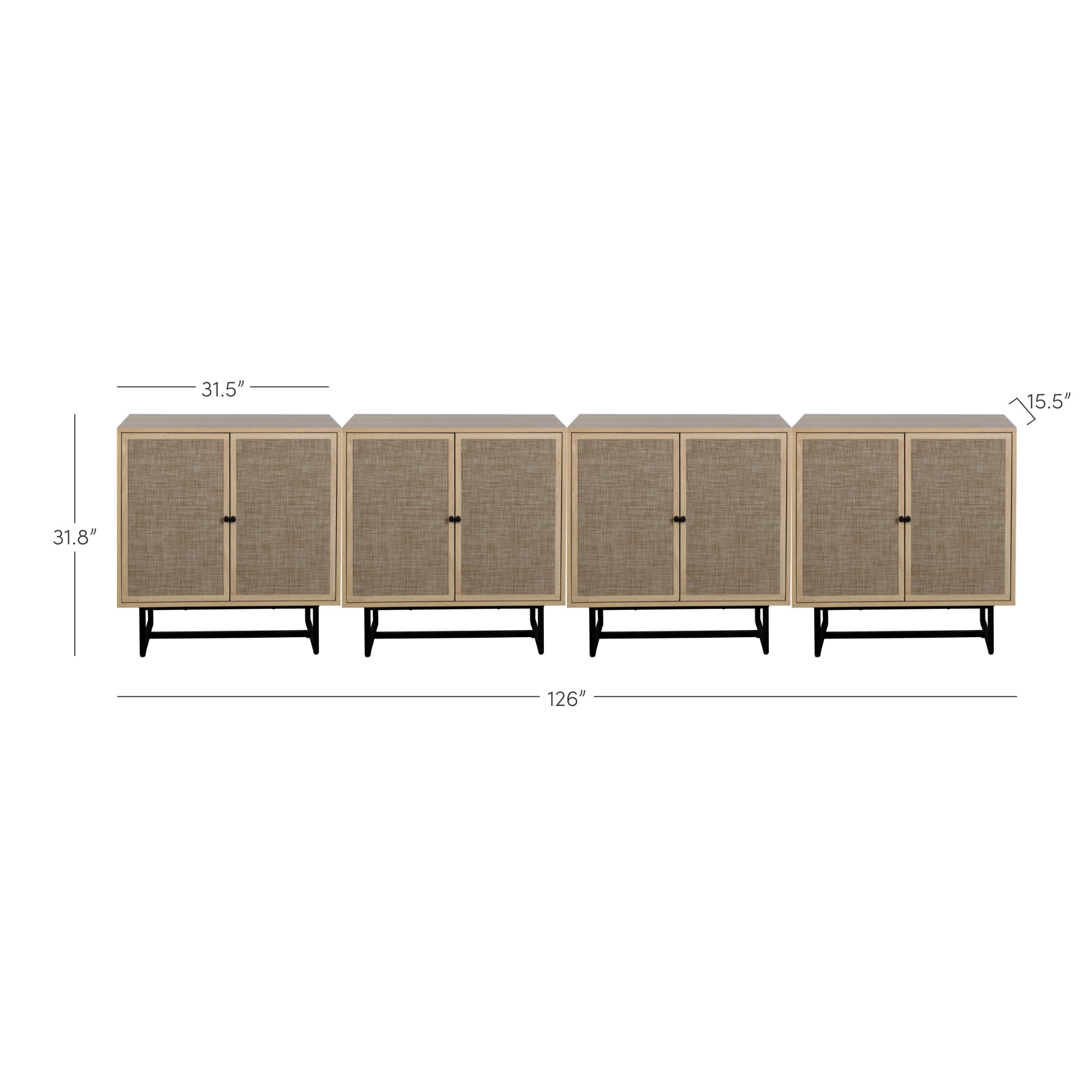 A four-door sideboard cabinet with a light wood frame, woven rattan panel doors, black metal legs, and dimensions labeled: 31.8 height, 15.5 depth, each section 31.5 wide, total width 126.