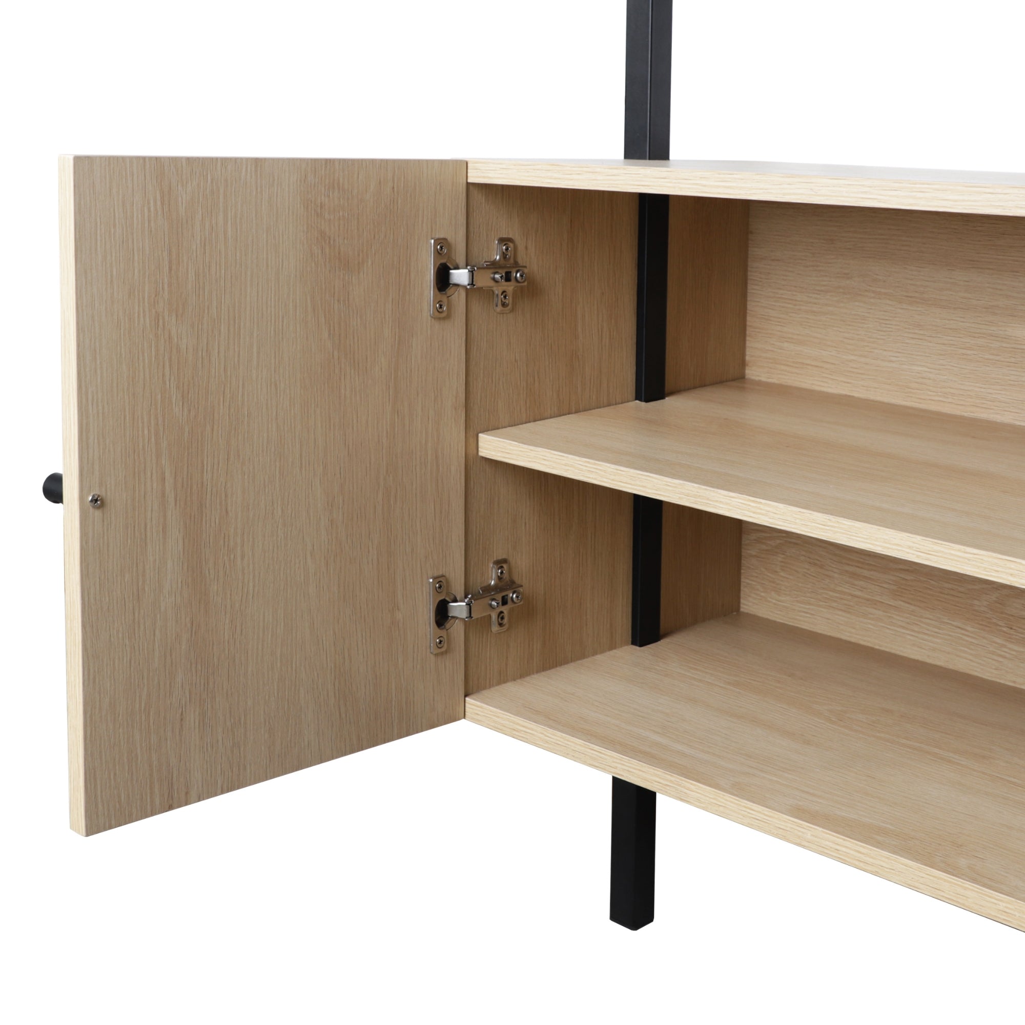 A close-up of a light wood cabinet with an open door, revealing two interior shelves. The door is attached with silver metal hinges and has a small black handle. Black metal frame supports are partially visible.