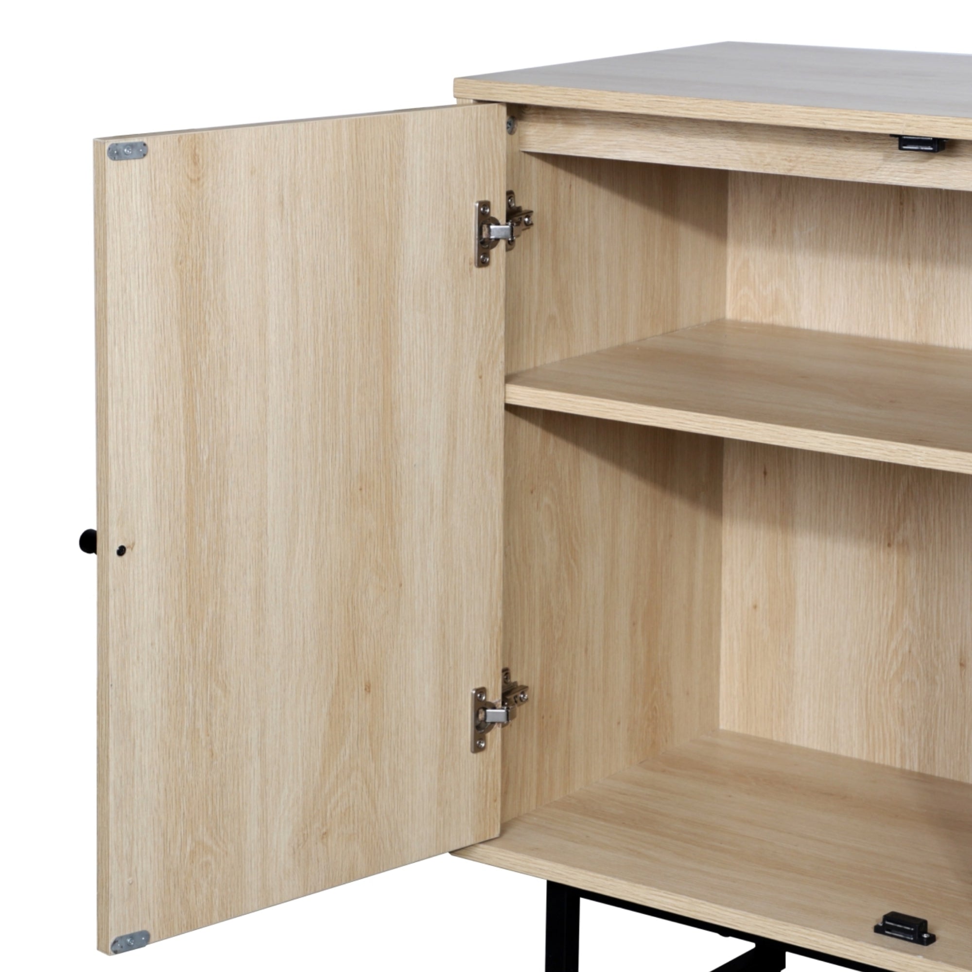 A light wood cabinet with an open door, revealing two spacious shelves inside. The cabinet has a simple, modern design and metal hinges on the door.
