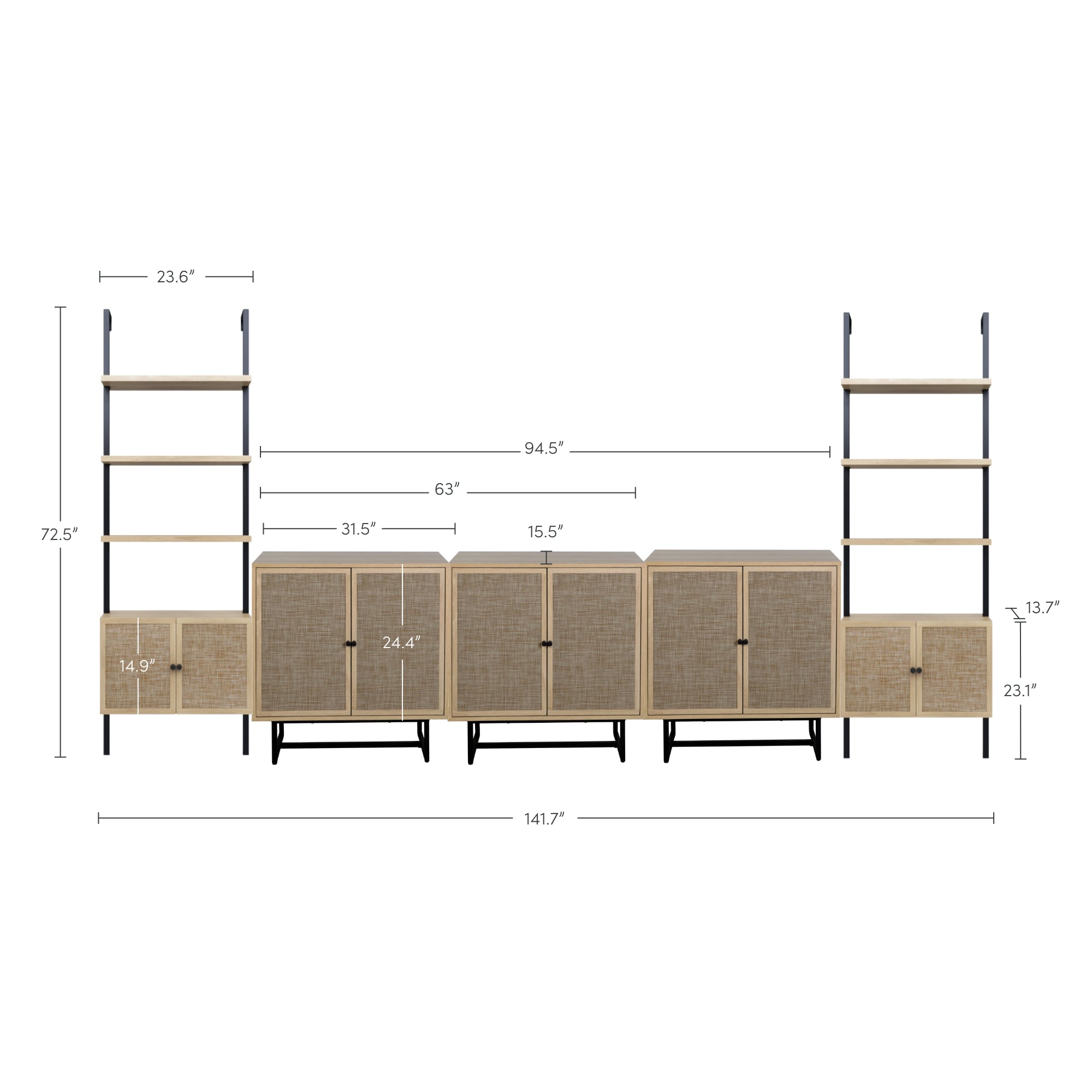 Large shelving and cabinet unit with rattan doors, featuring two tall ladder-style shelving sections on each side, central cabinets, and labeled measurements for width, height, and shelf spacing.