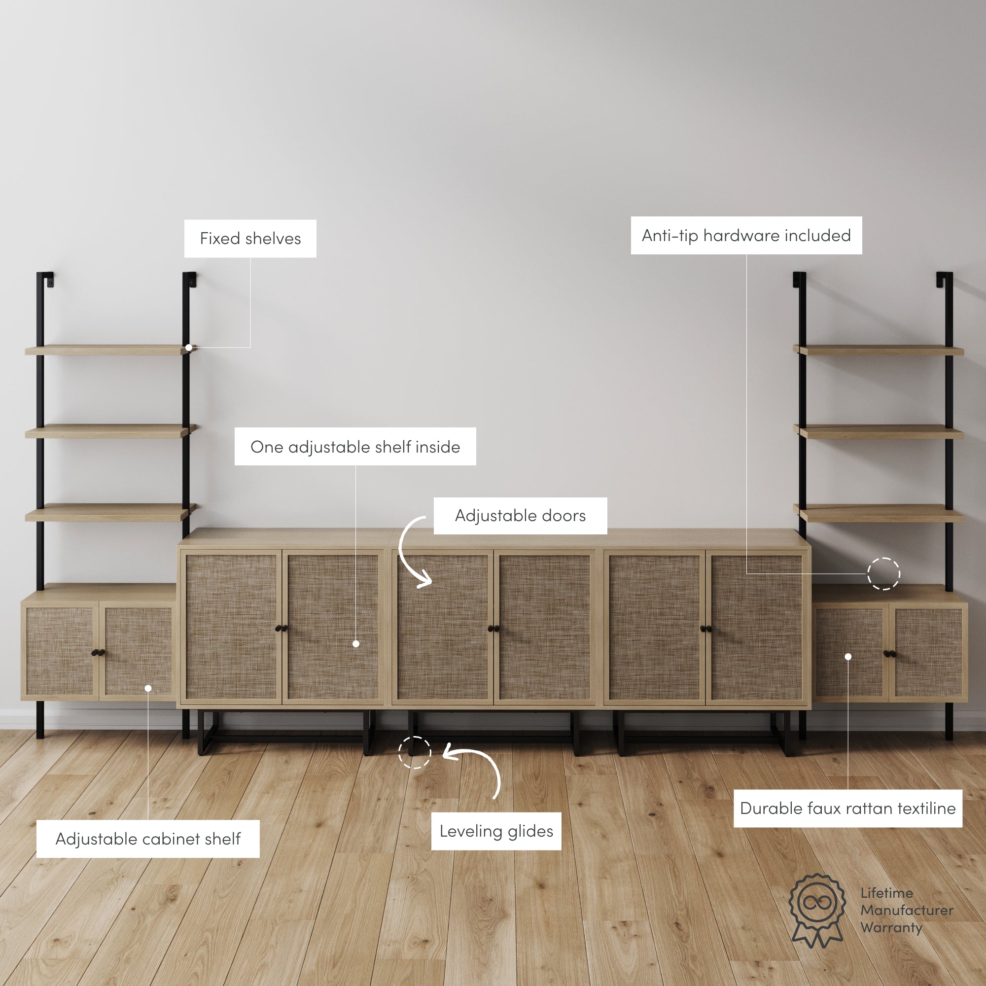 Minimalist shelving unit with four lower cabinets featuring faux rattan doors, black metal supports, open wood shelves above, and labels highlighting features like adjustable shelves, leveling glides, and anti-tip hardware.