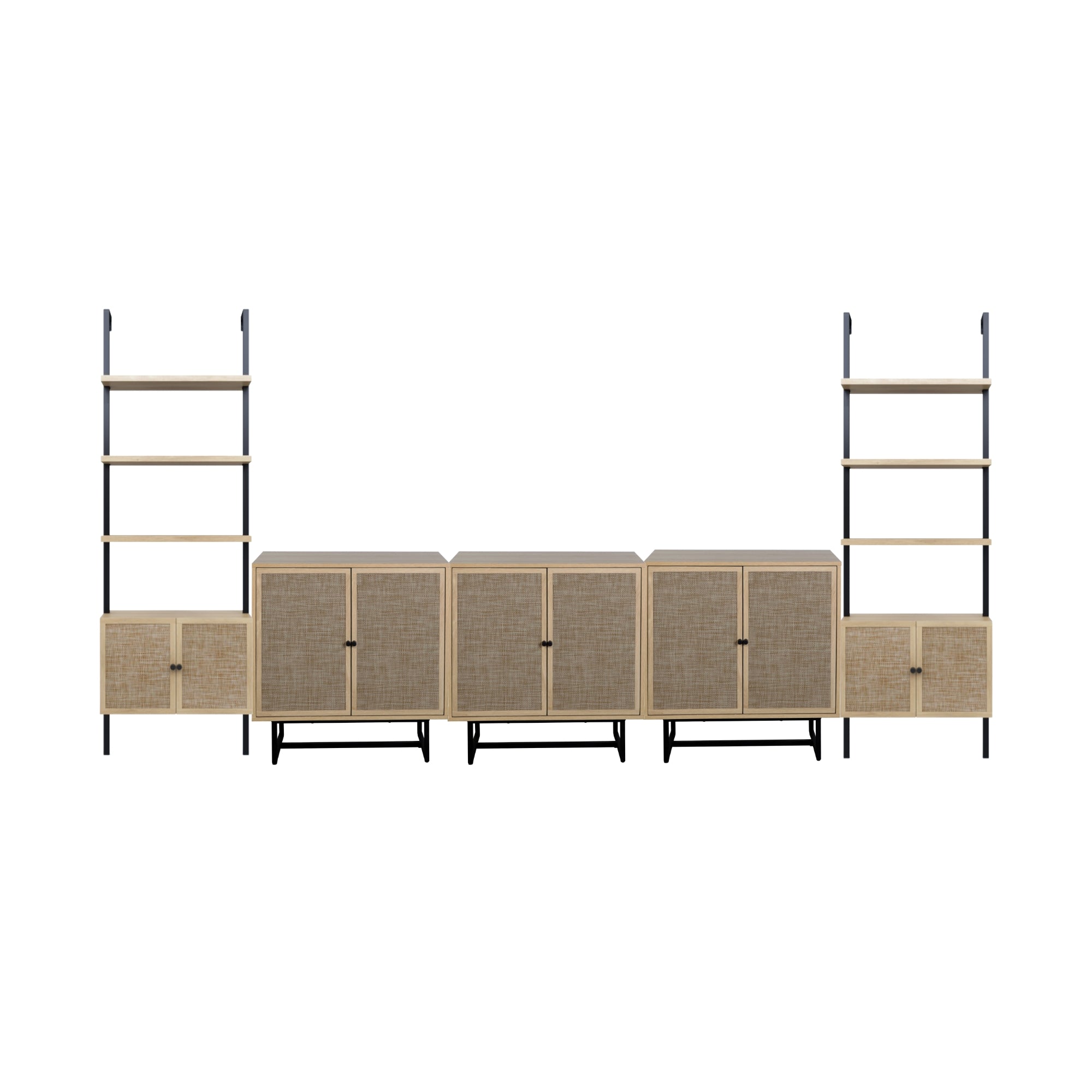 A modular shelving unit with black metal frame, light wood shelves, and four woven rattan cabinets in the center. Two tall ladder-style shelf sections stand on either side of the cabinets.