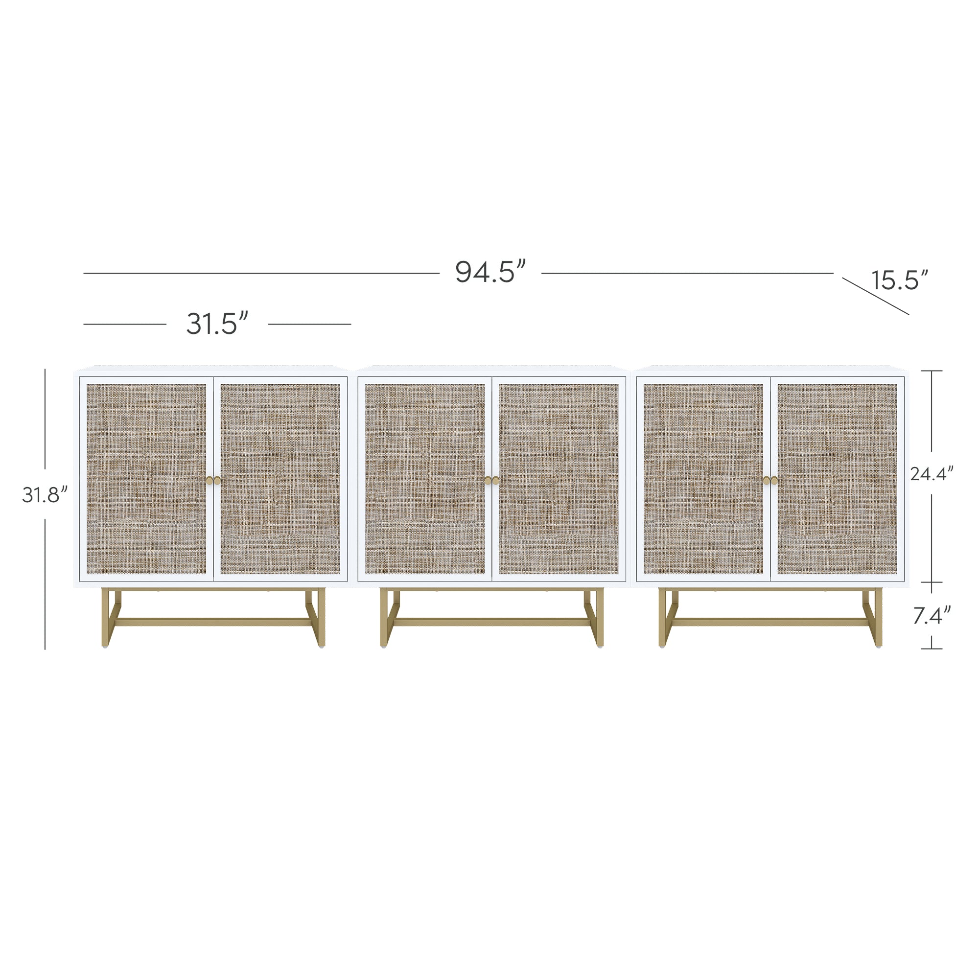 A three-section sideboard with woven-style doors and gold legs, measuring 94.5 wide, 15.5 deep, and 31.8 high; each section is 31.5 wide and 24.4 high, with legs 7.4 tall.