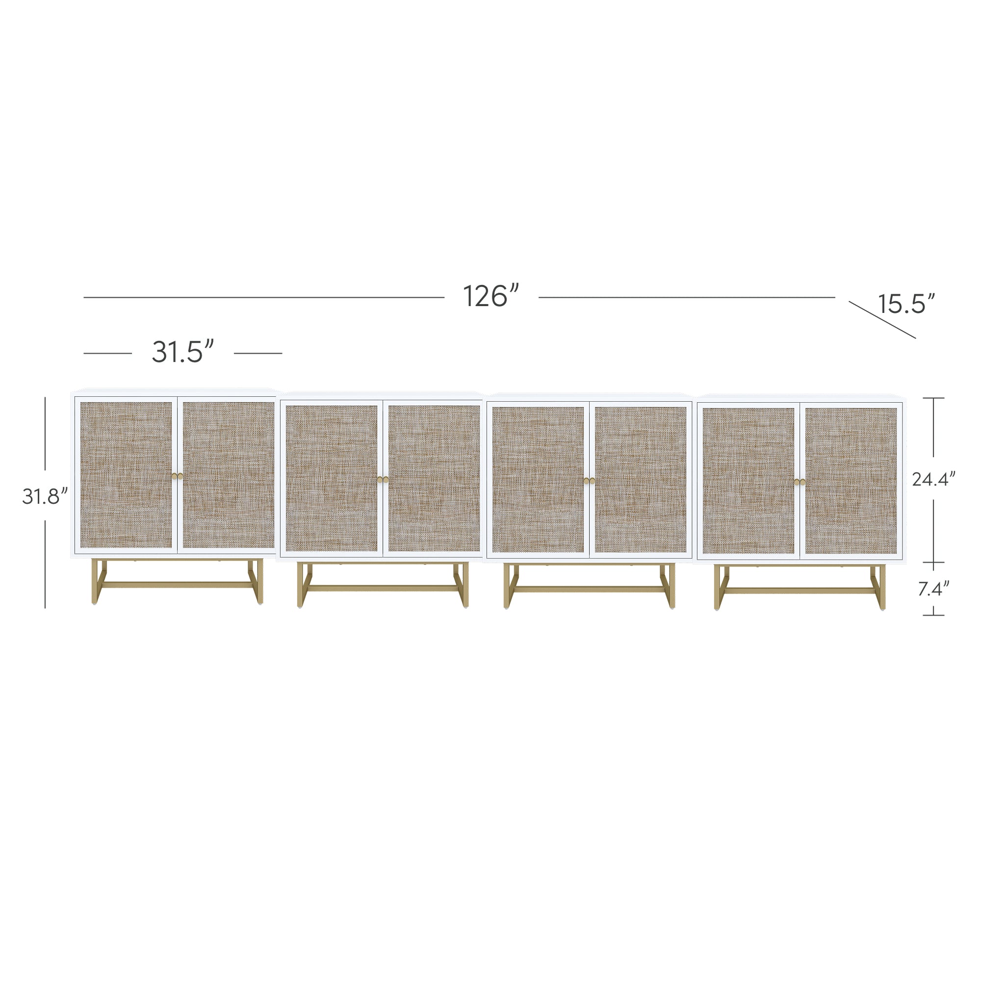 A long, modern sideboard measuring 126 wide, 31.8 high, and 15.5 deep, with four sections, each 31.5 wide. The sideboard has light wood legs and doors with a woven texture.