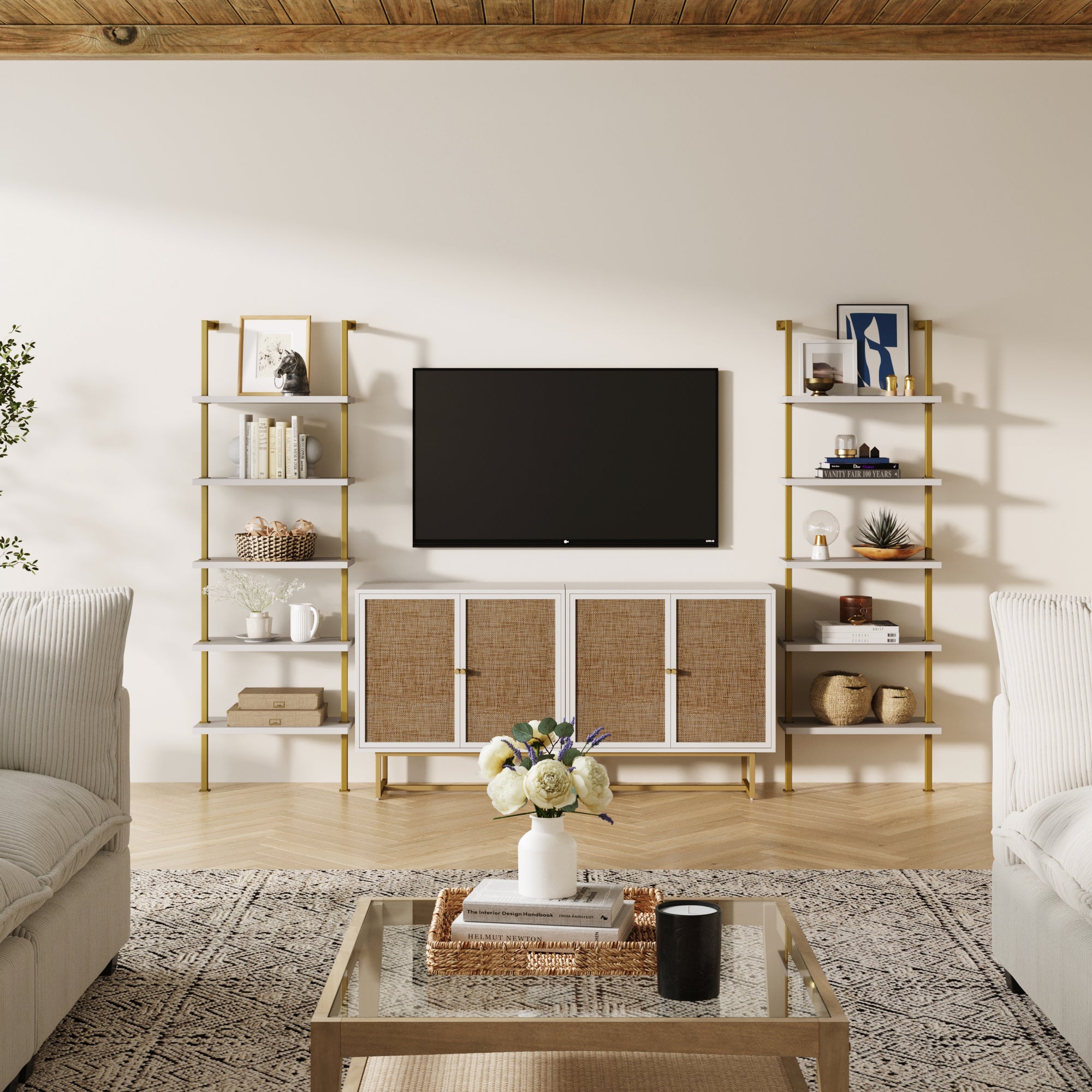 Modern Metal and Wood TV Entertainment Center with Bookcase (2 Cabinets)