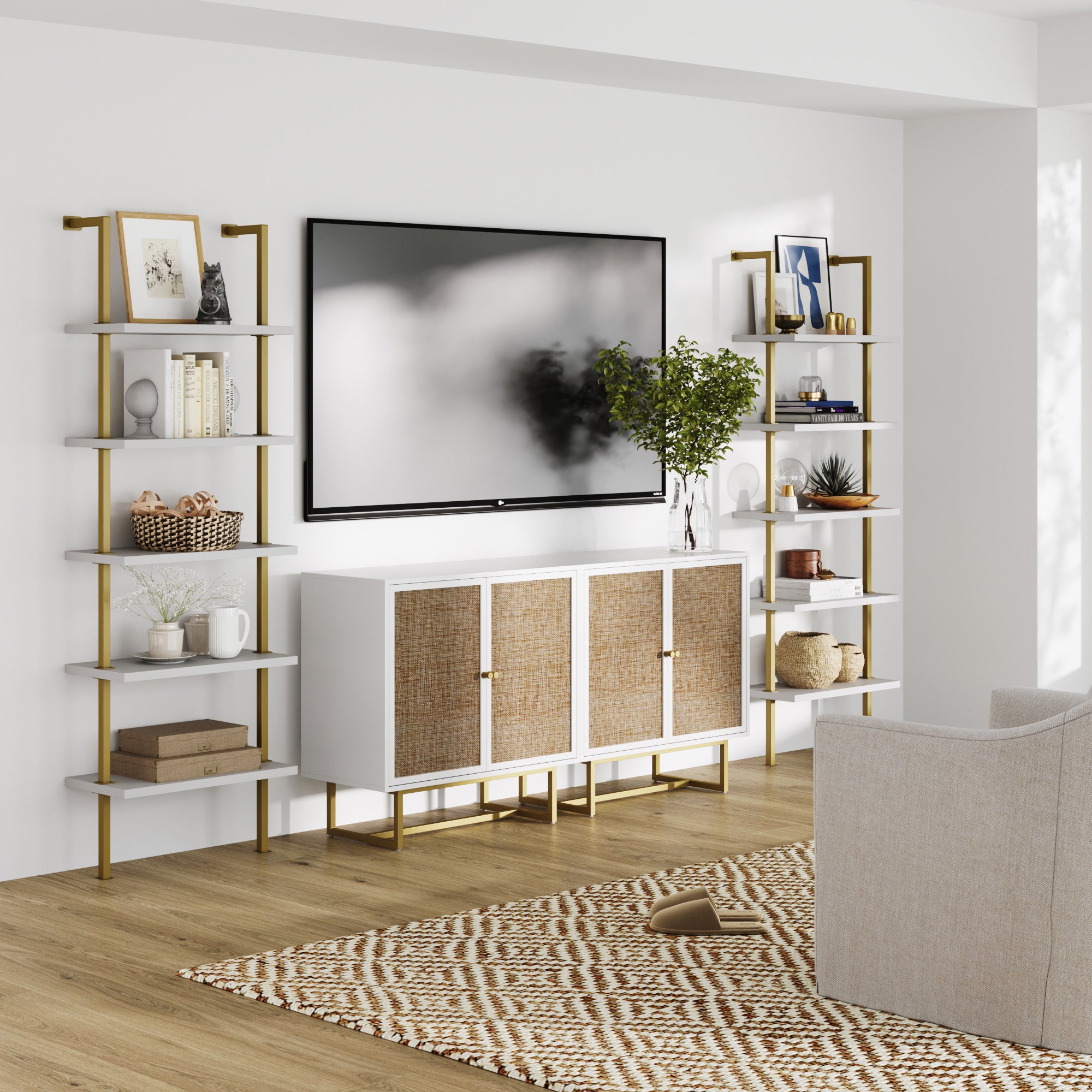 Modern Metal and Wood TV Entertainment Center with Bookcase (2 Cabinets) - Nathan James