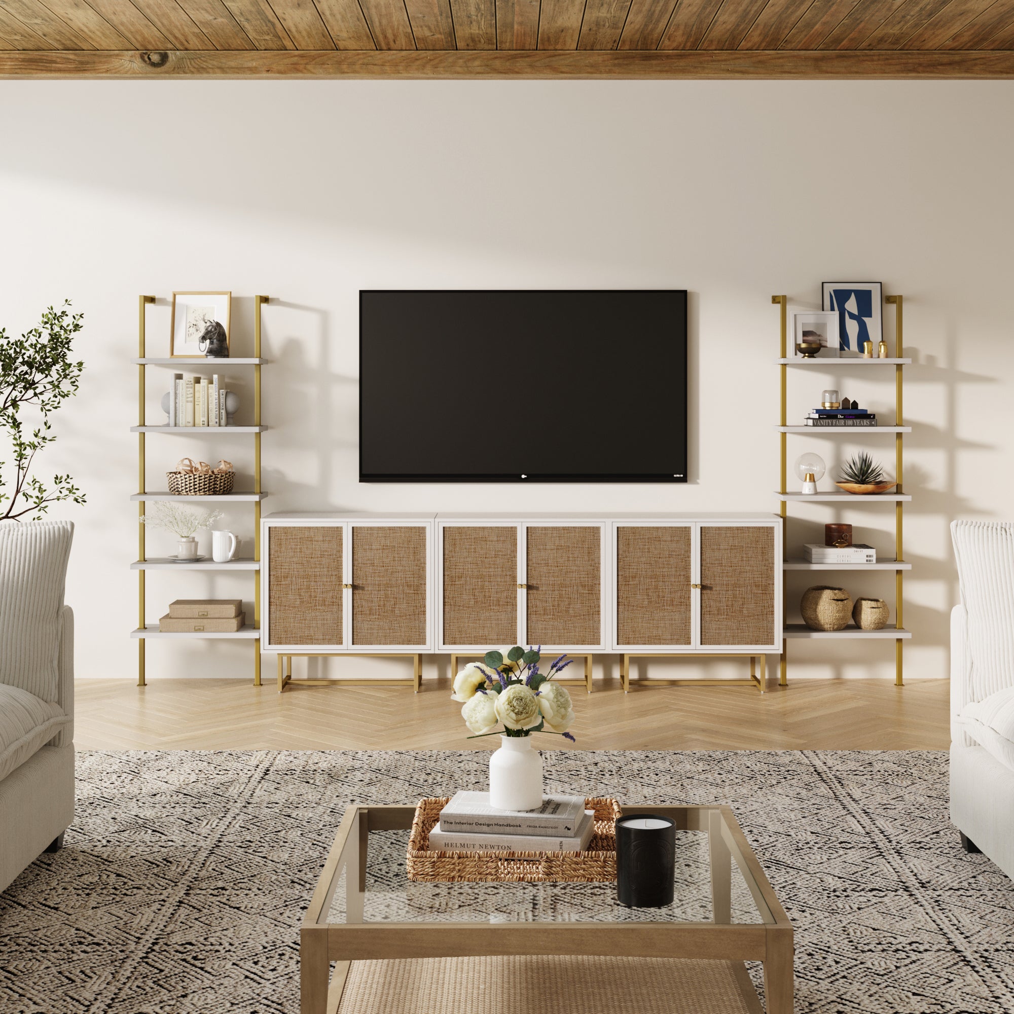 Modern Metal and Wood TV Entertainment Center with Bookcase (3 Cabinets)