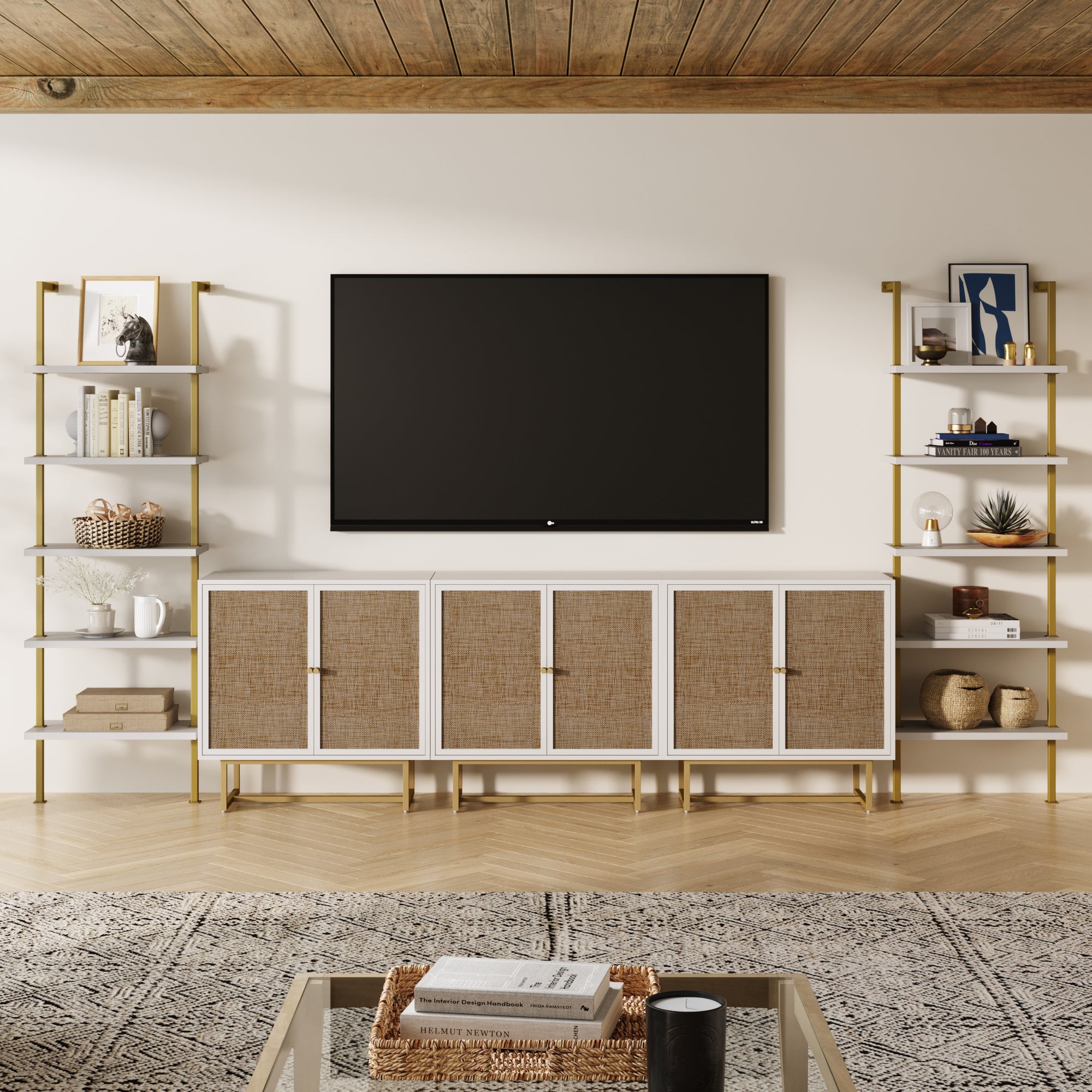 Modern Metal and Wood TV Entertainment Center with Bookcase (3 Cabinets) - Nathan James