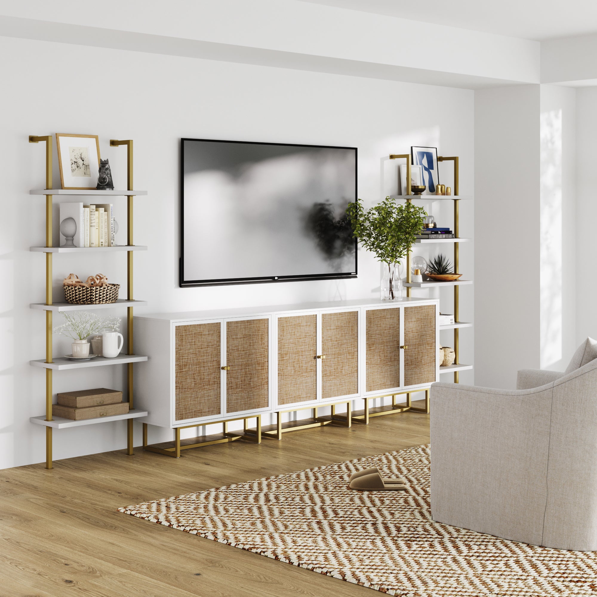 Modern Metal and Wood TV Entertainment Center with Bookcase (3 Cabinets) - Nathan James