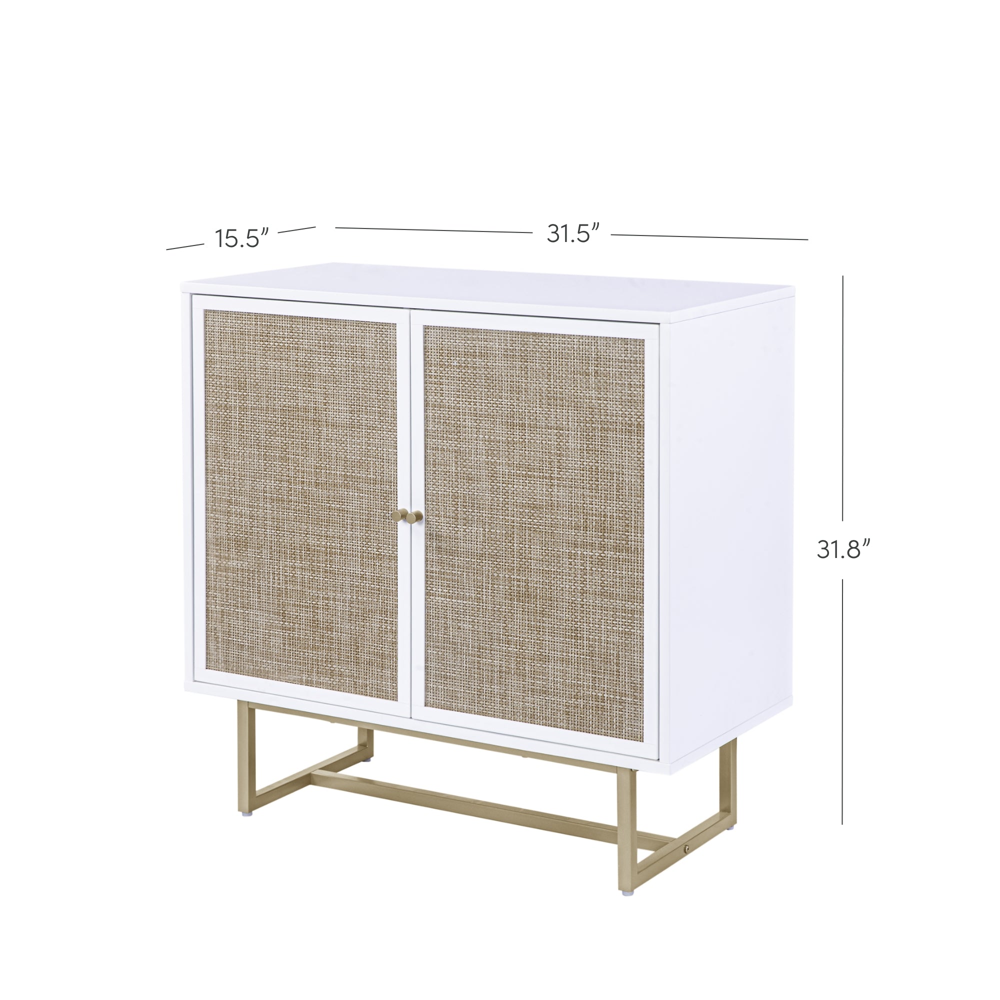 A white cabinet with two woven rattan doors, gold knobs, and a gold metal base. Dimensions are labeled: 31.5 wide, 15.5 deep, and 31.8 tall.