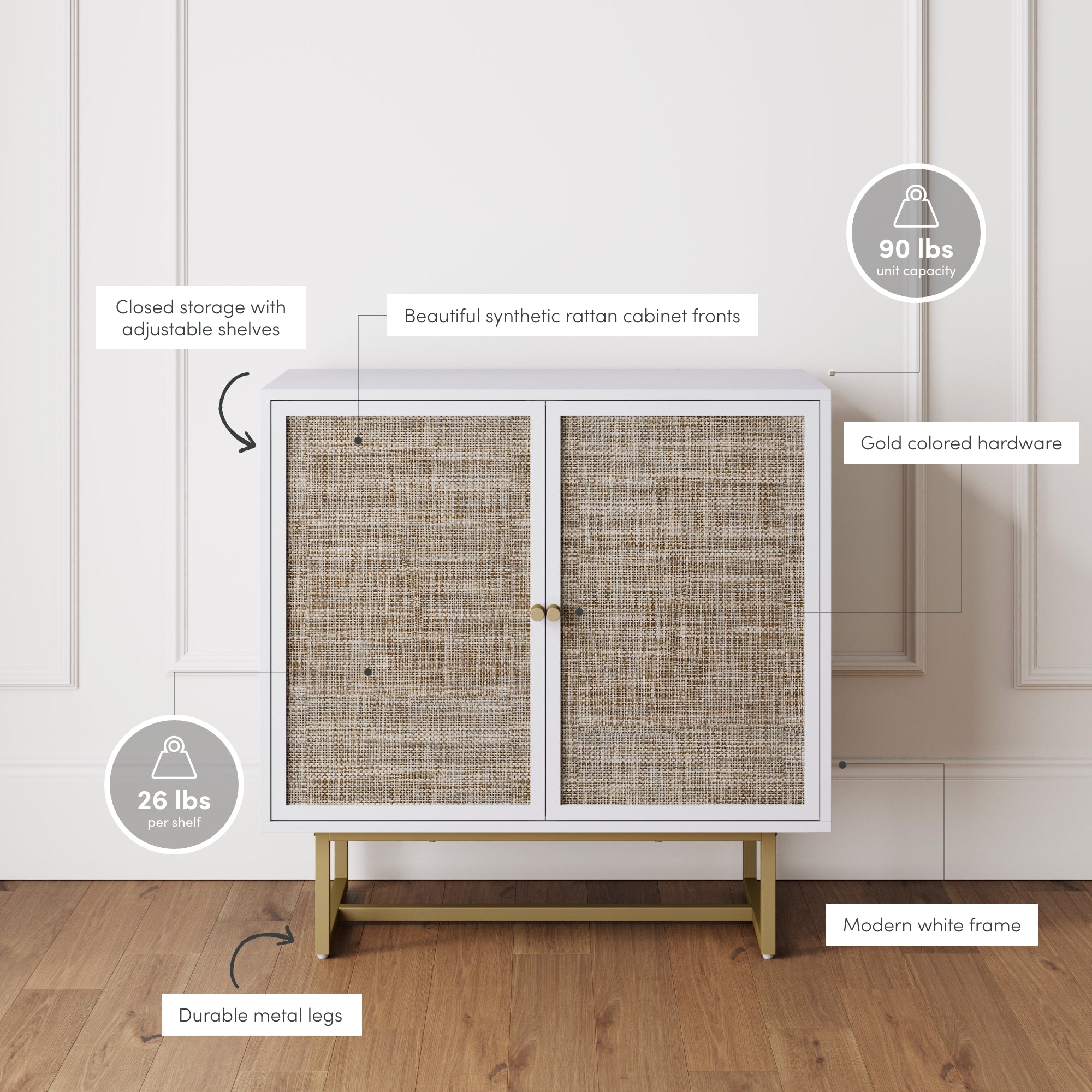 White storage cabinet with synthetic rattan doors, gold hardware, and metal legs. It has adjustable shelves (26 lbs per shelf), a modern white frame, and a 90 lbs unit capacity. Sits on a wood floor against a white wall.
