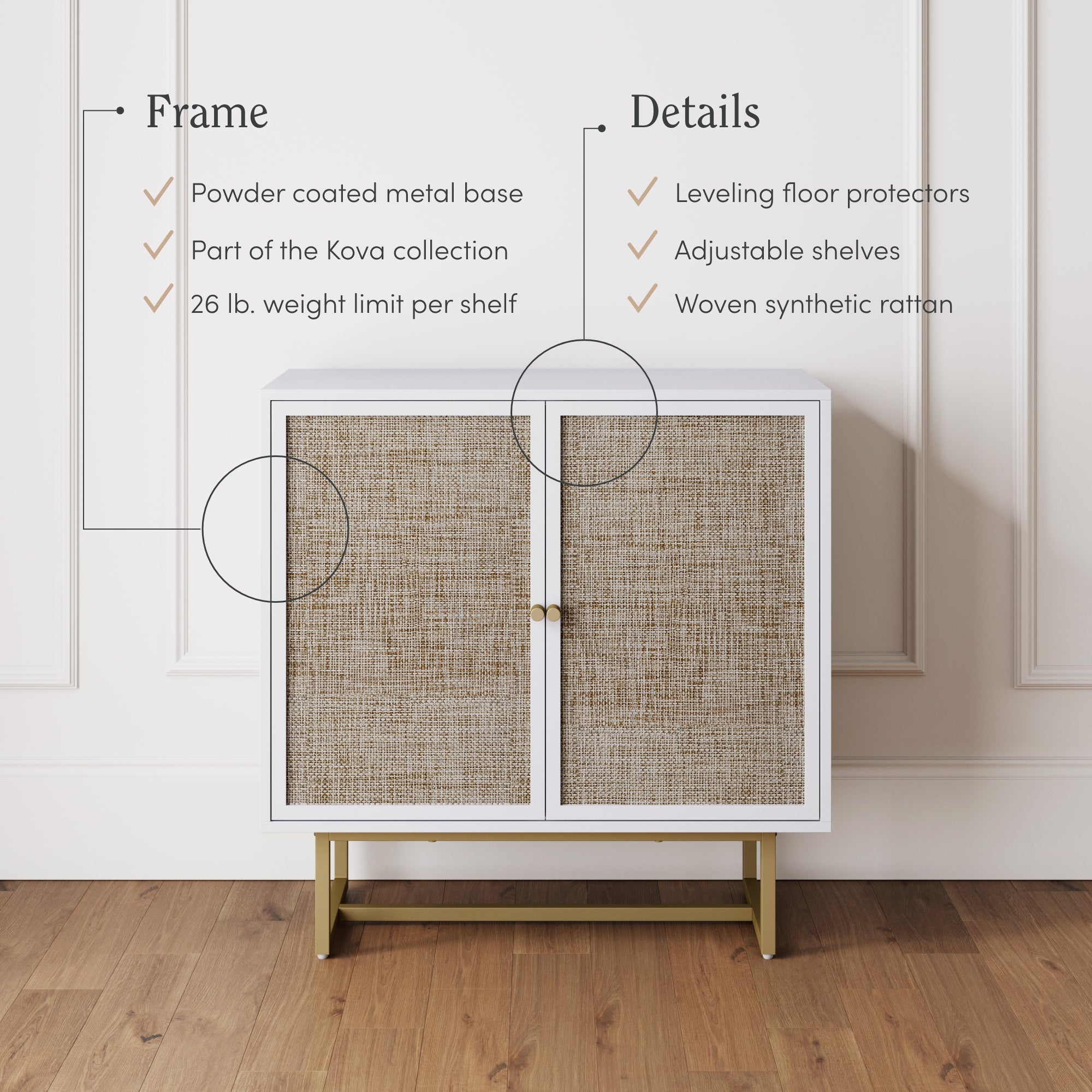 A small white cabinet with woven rattan doors and gold metal base sits against a white wall. Overlay text highlights features like powder-coated metal, adjustable shelves, and a 26 lb. per shelf weight limit.