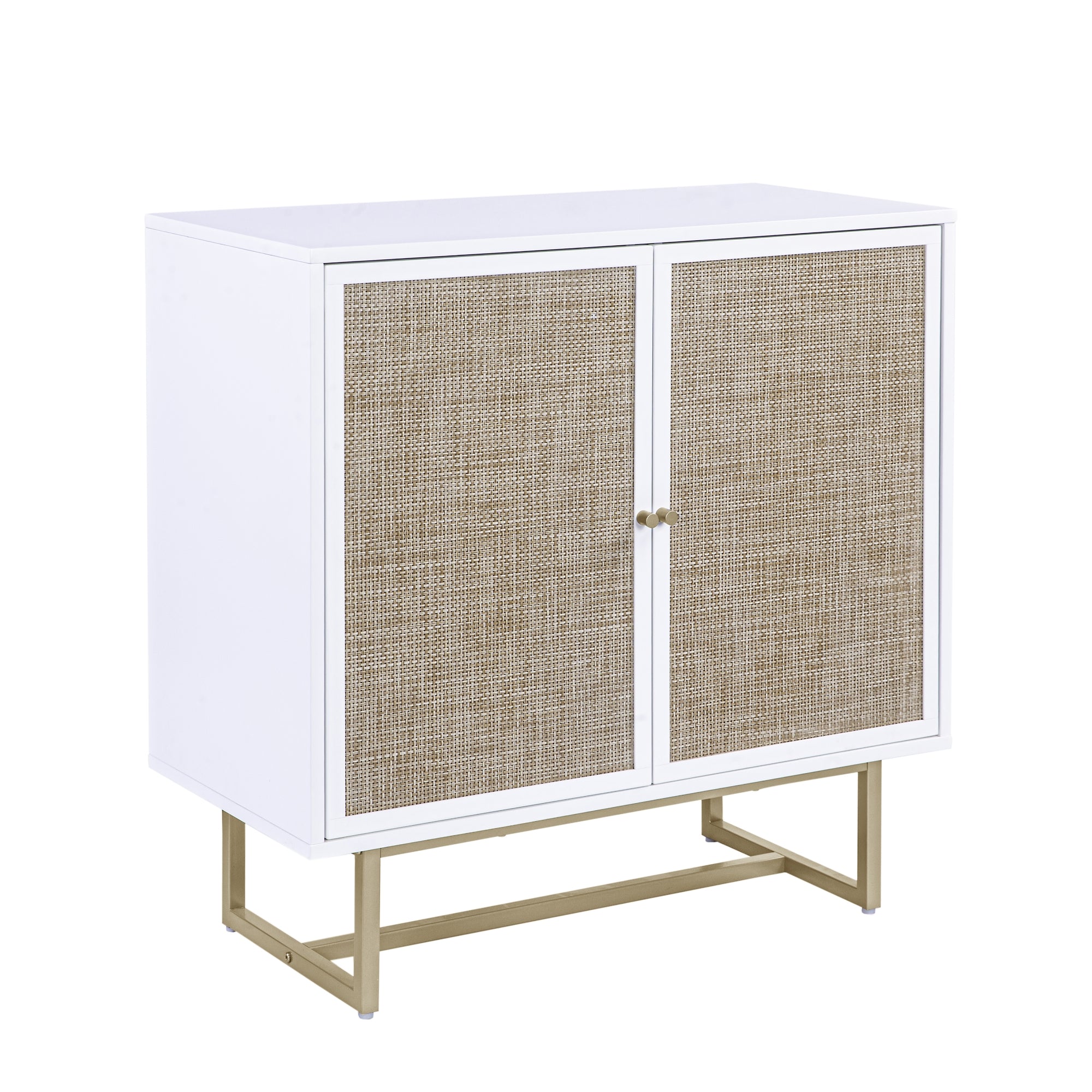 A modern white cabinet with two doors featuring woven rattan panels and small round gold handles, standing on a gold metal frame base.