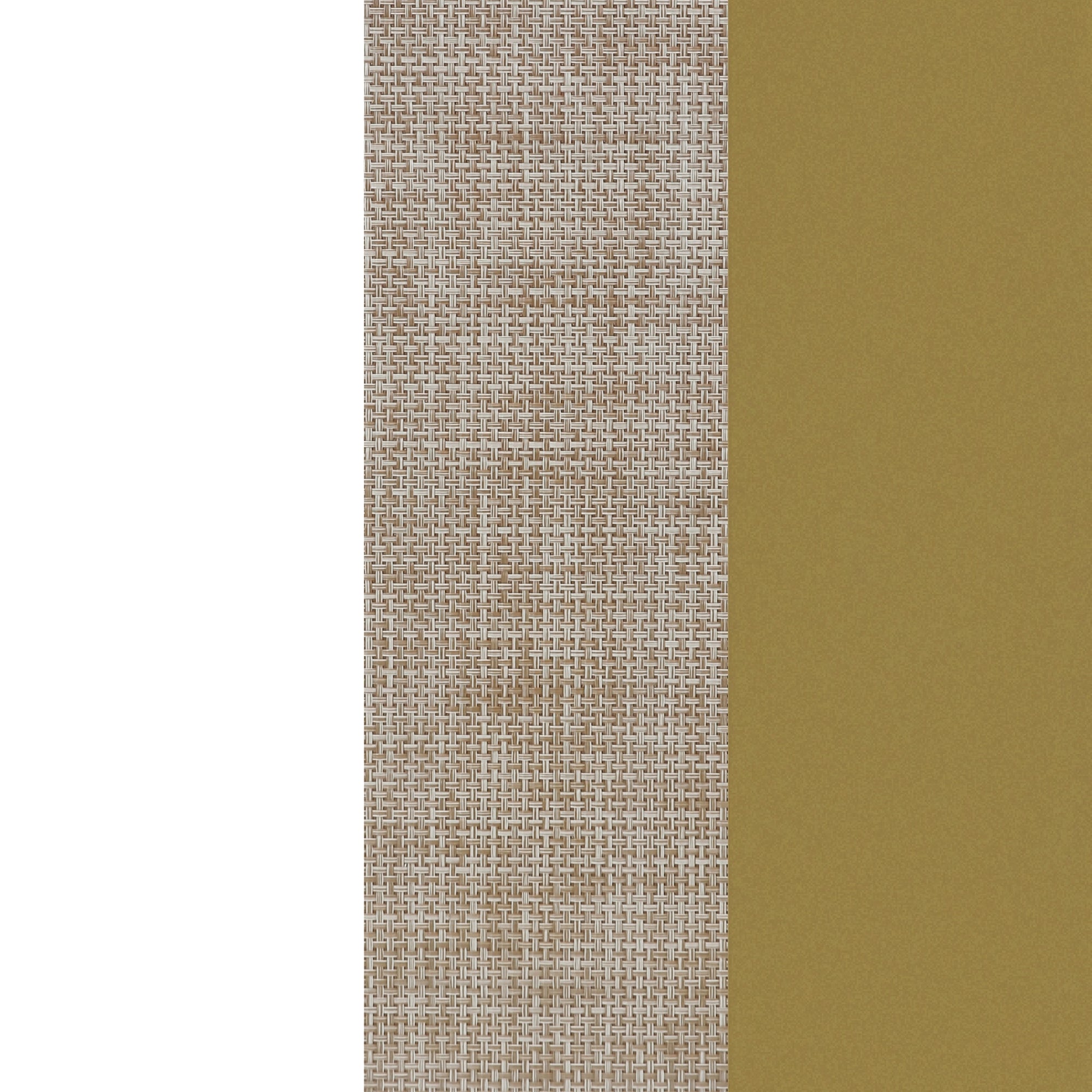 Three vertical panels: white on the left, a beige woven fabric texture in the center, and a solid olive green color on the right.