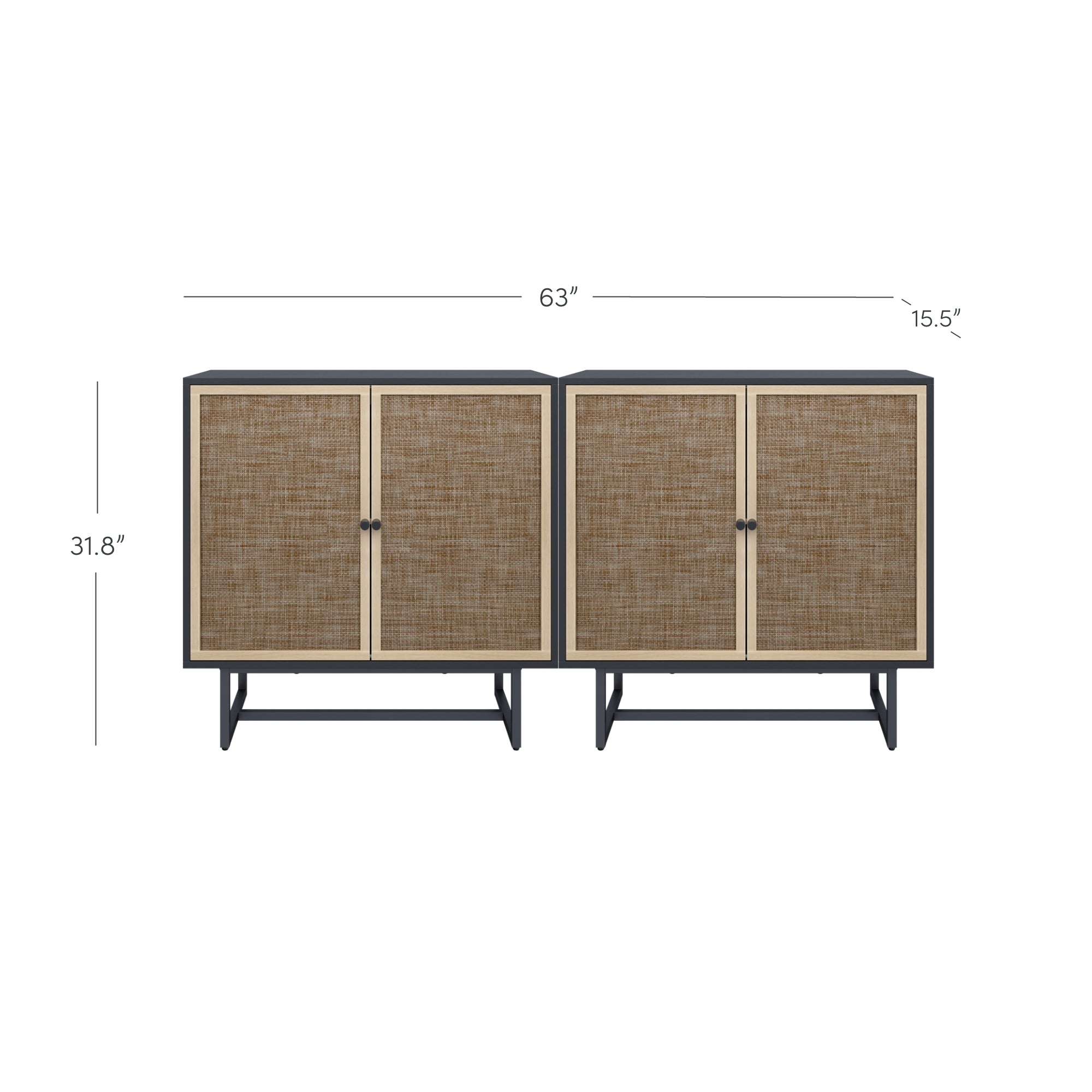 A pair of side-by-side cabinets with woven rattan doors, black frames, and black legs. Dimensions shown: 63 inches wide, 15.5 inches deep, and 31.8 inches high.