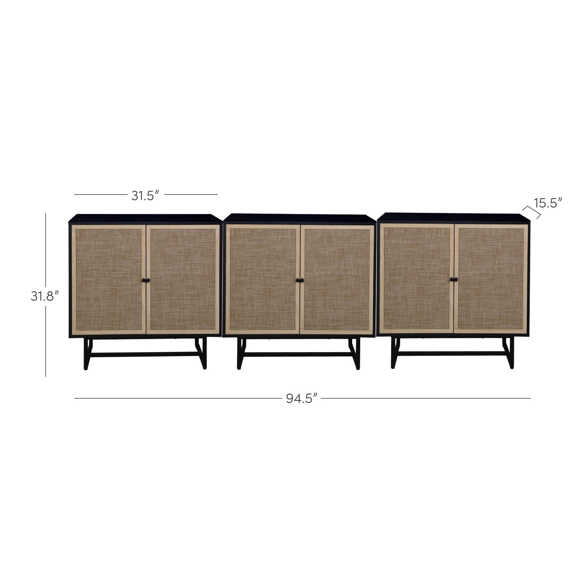 Three side-by-side cabinets with black frames, woven rattan doors, and short black legs. The total width is 94.5 inches, each cabinet is 31.5 inches wide, 31.8 inches tall, and 15.5 inches deep.