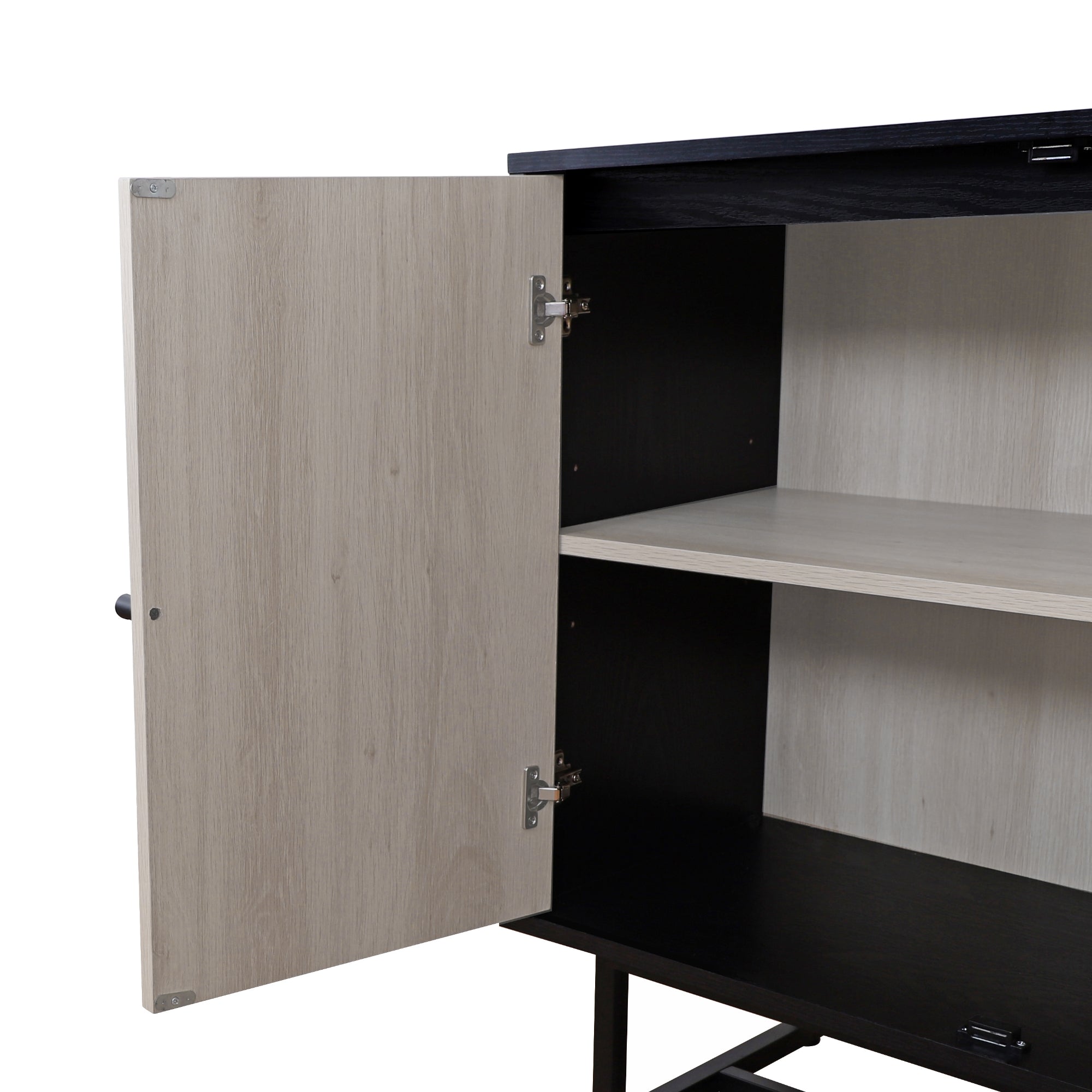 A close-up view of an open cabinet with a light wood door, metal hinges, and a black frame, revealing two interior shelves.