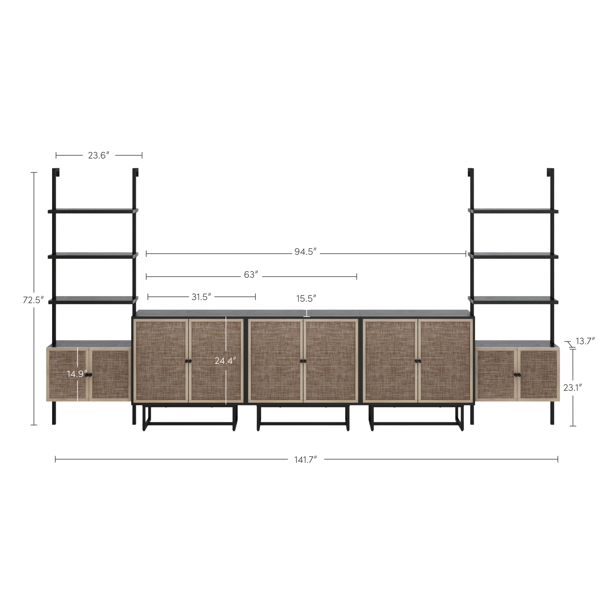 Entertainment center with woven cabinet doors, open shelves on both sides, and labeled measurements for width, height, and shelf spaces. Main unit is 94.5 wide; total width with shelves is 141.7.