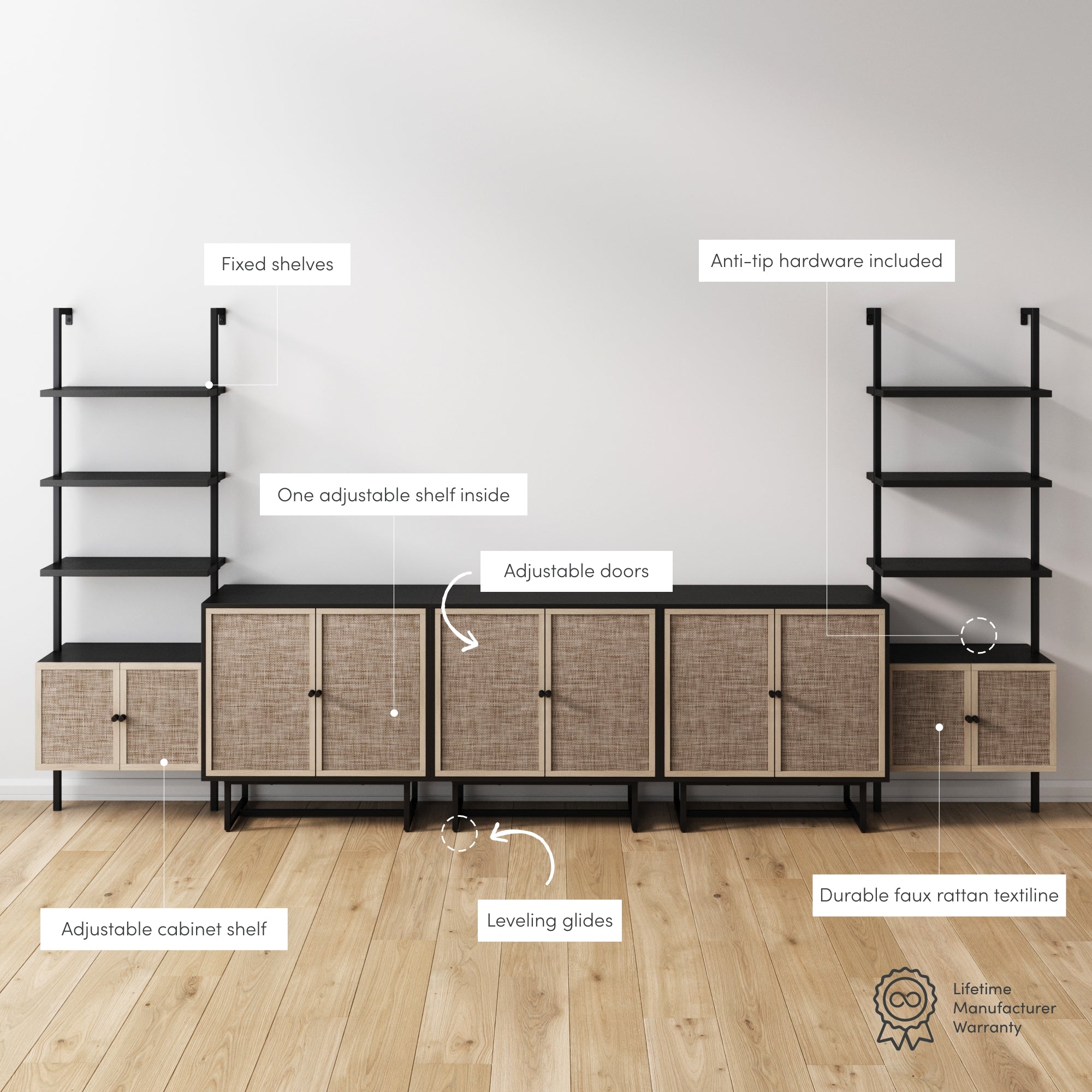 Modern shelving and storage unit with labeled features: fixed shelves, anti-tip hardware, one adjustable shelf inside, adjustable doors, leveling glides, faux rattan, adjustable cabinet shelf. Warranty icon shown.
