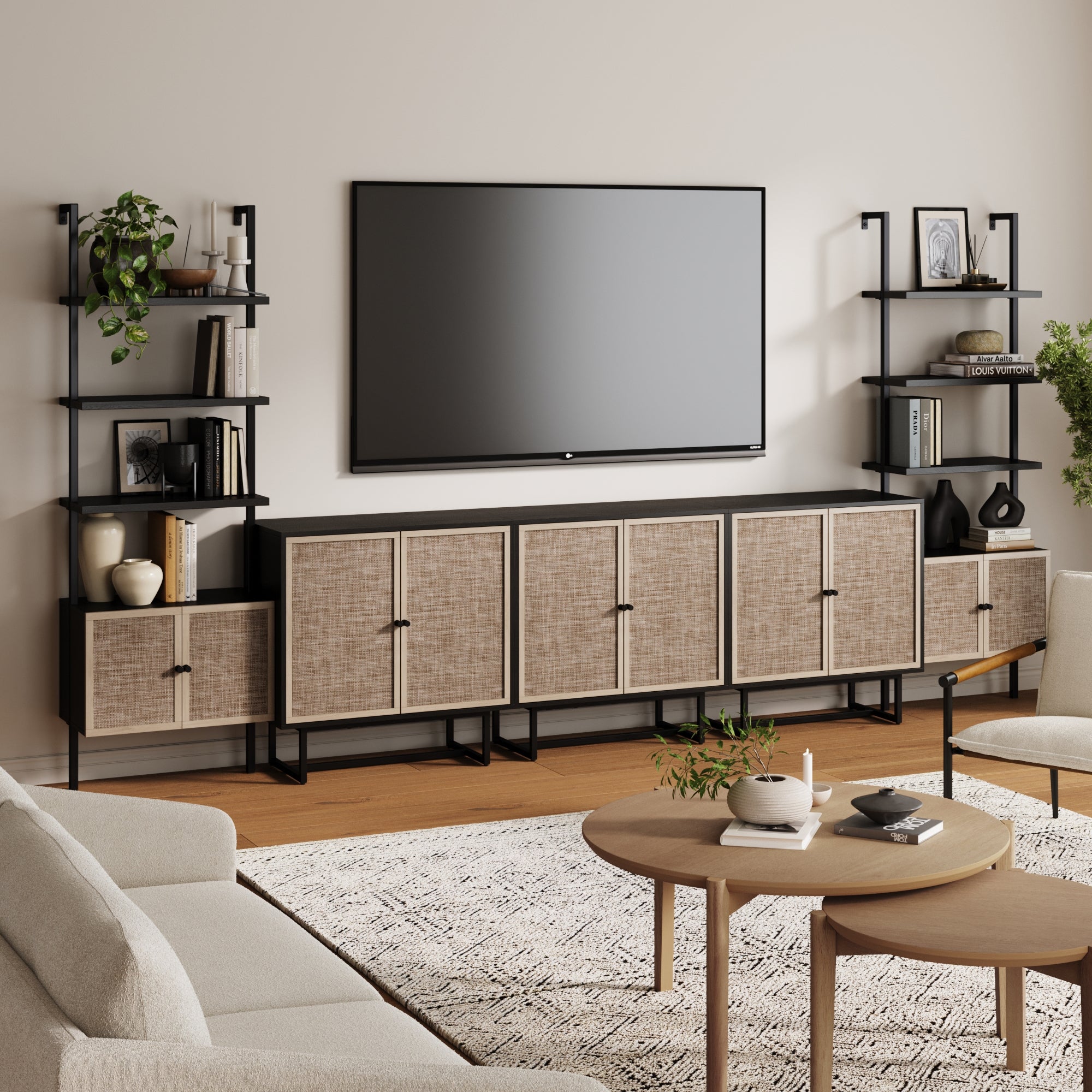 Transform your modern living room with the Nathan James Boho Rattan Entertainment Center with Bookshelves—featuring rattan-front cabinets, black-framed shelves, and space for a large wall-mounted TV. Pair with a beige sofa, wood coffee table, and patterned rug.