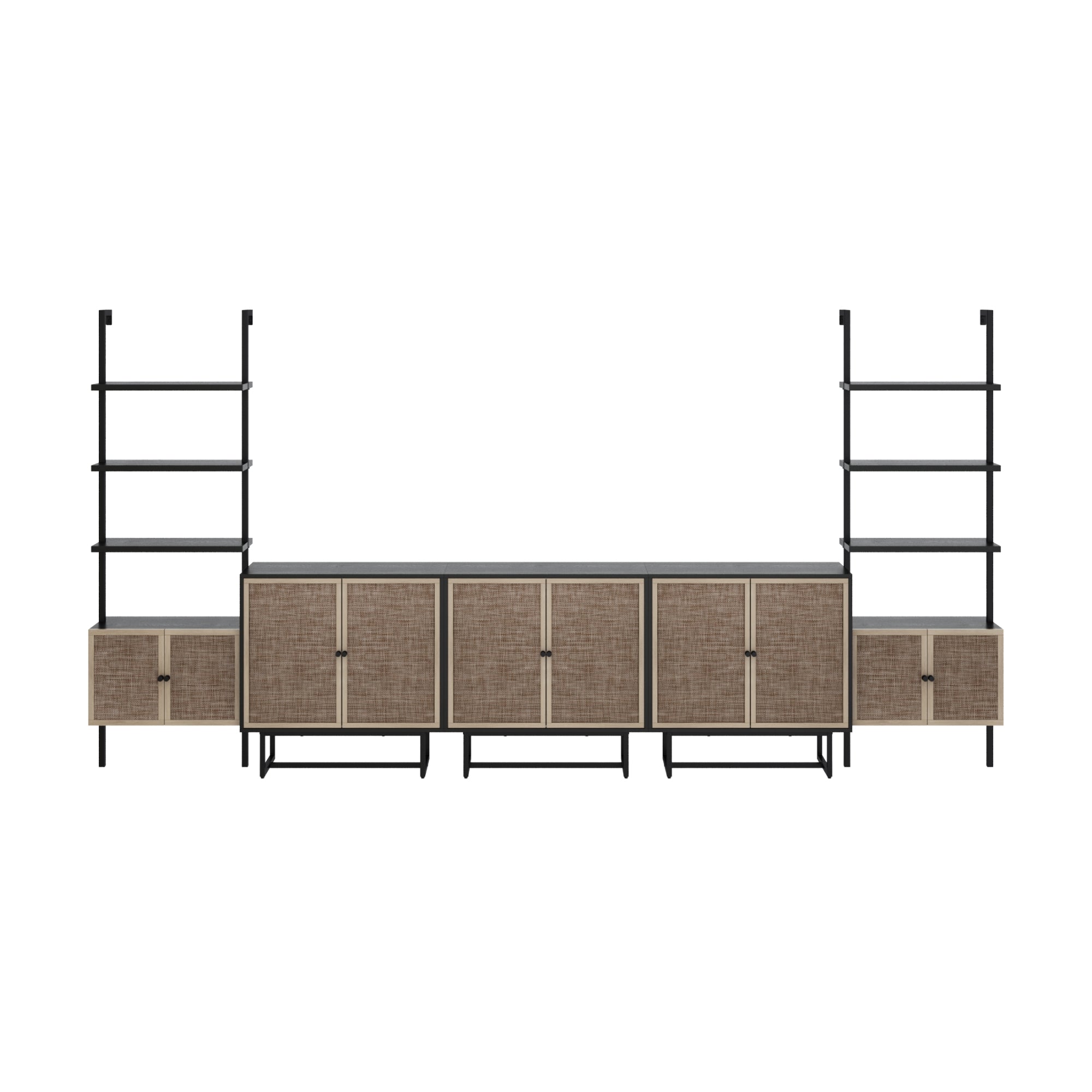 A modern entertainment center with a black frame, wooden cabinet doors, and two ladder-style shelving units on each side. The center features six closed storage compartments.