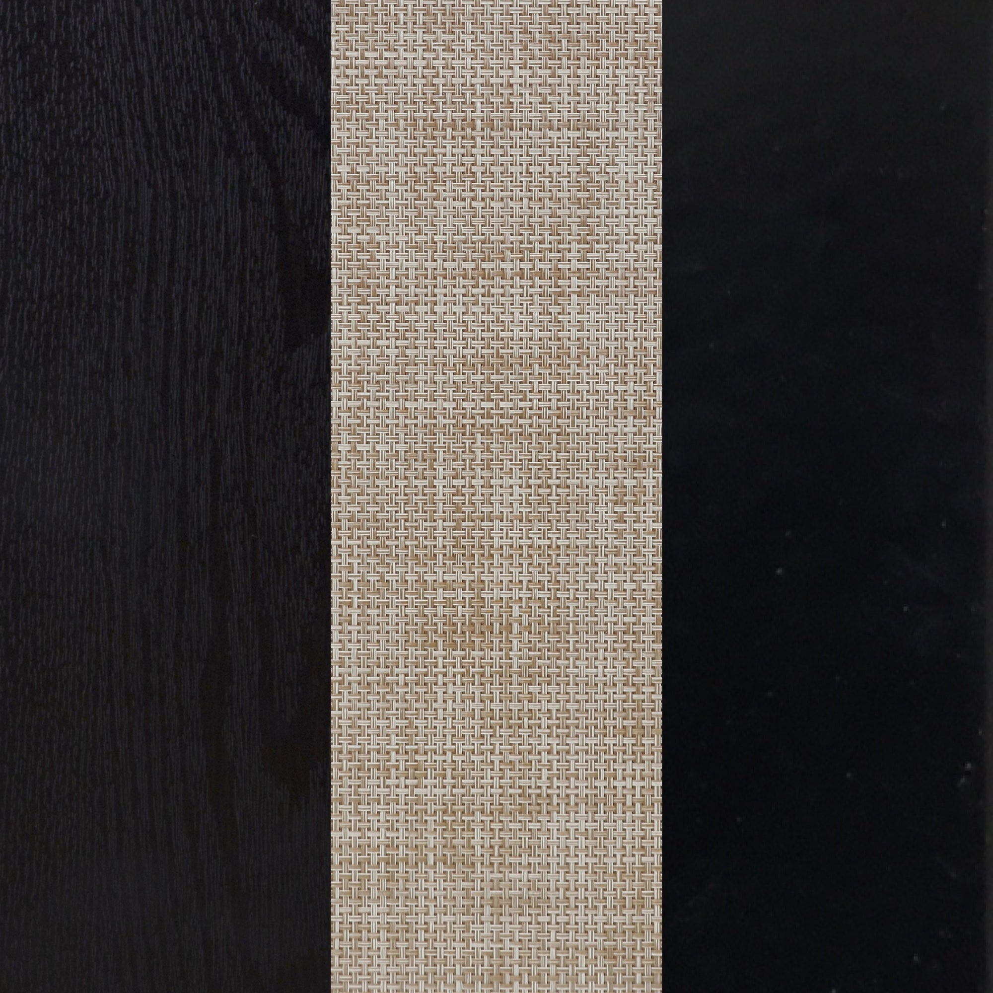 A rectangular panel with three vertical sections: dark wood grain on the left, a woven beige fabric pattern in the center, and solid black on the right.