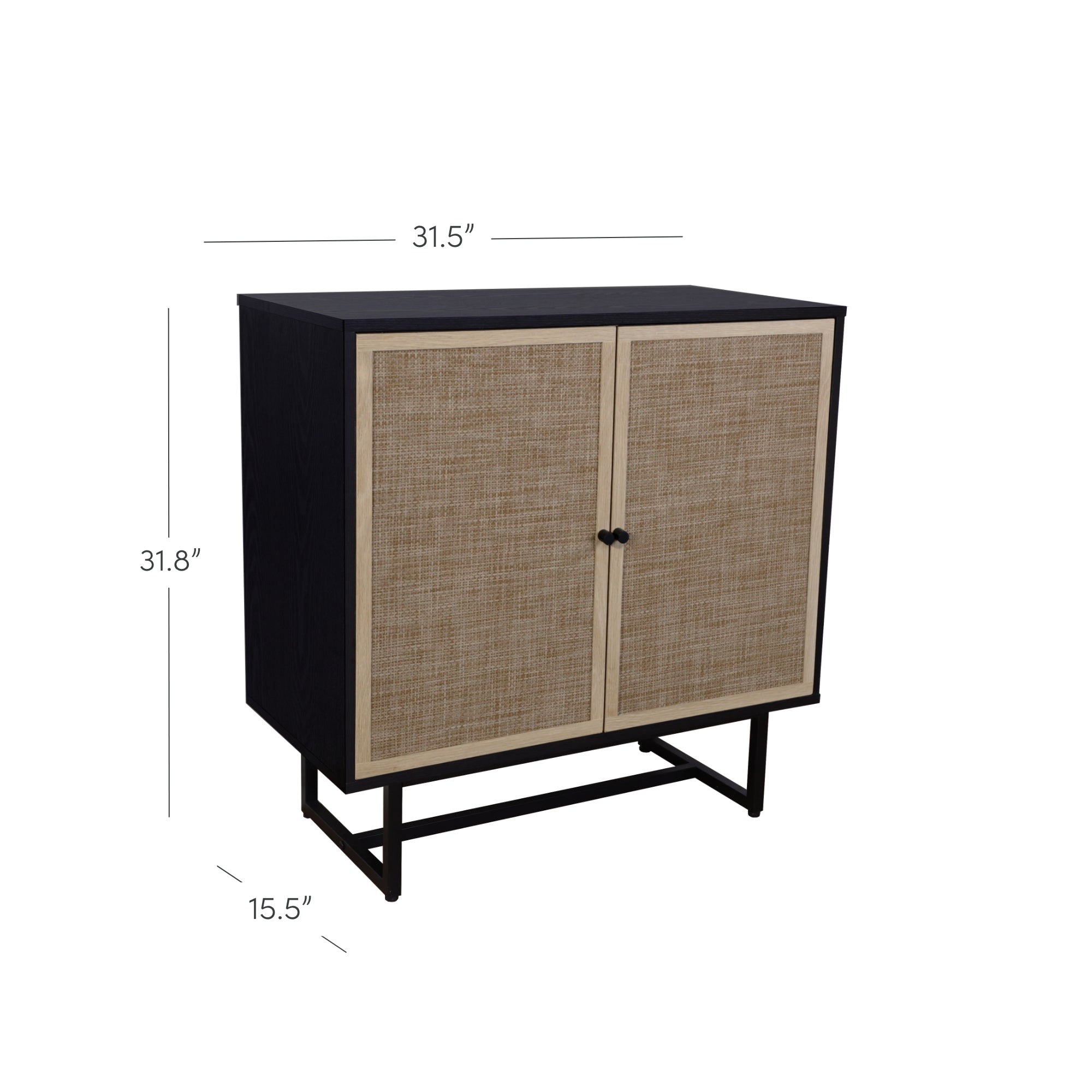 A black wooden cabinet with two woven rattan doors, black metal legs, and dimensions labeled: 31.5 inches wide, 31.8 inches high, and 15.5 inches deep.