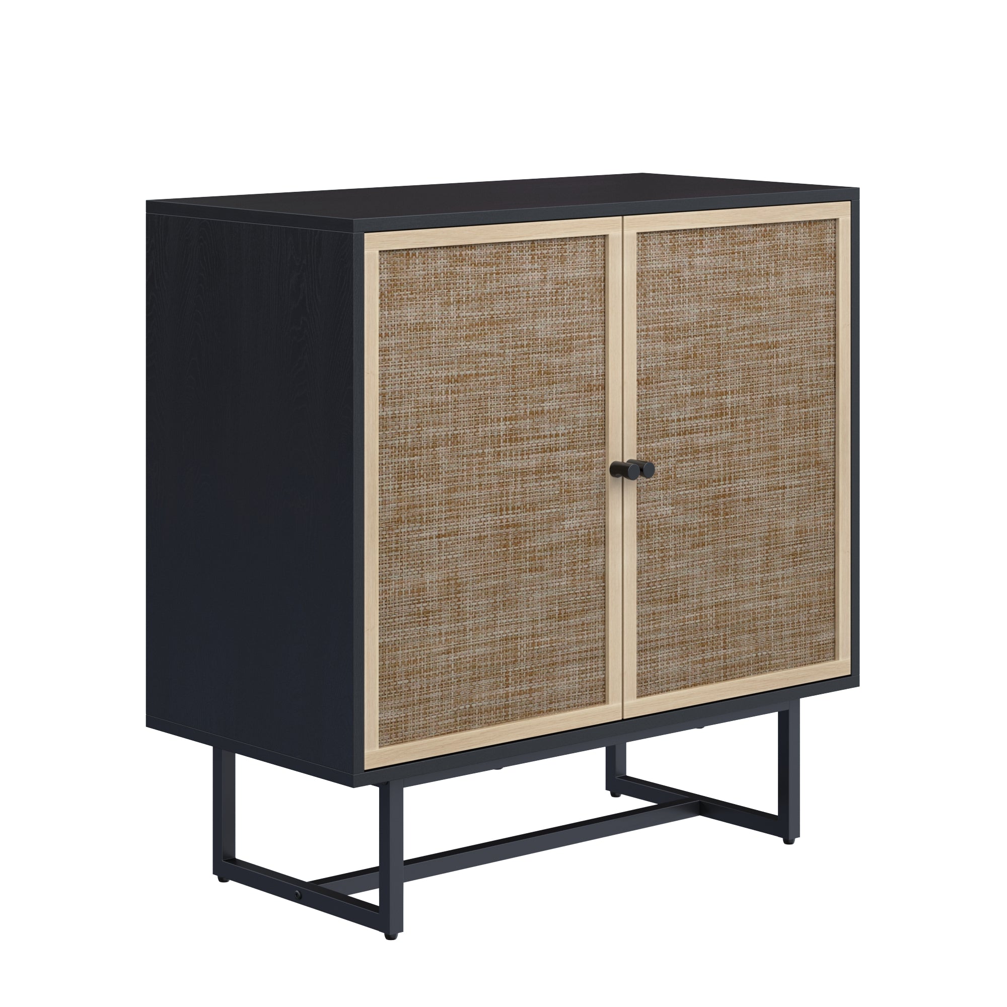 A modern cabinet with a black frame, metal legs, and two front doors featuring woven rattan panels framed in light wood, standing against a white background.