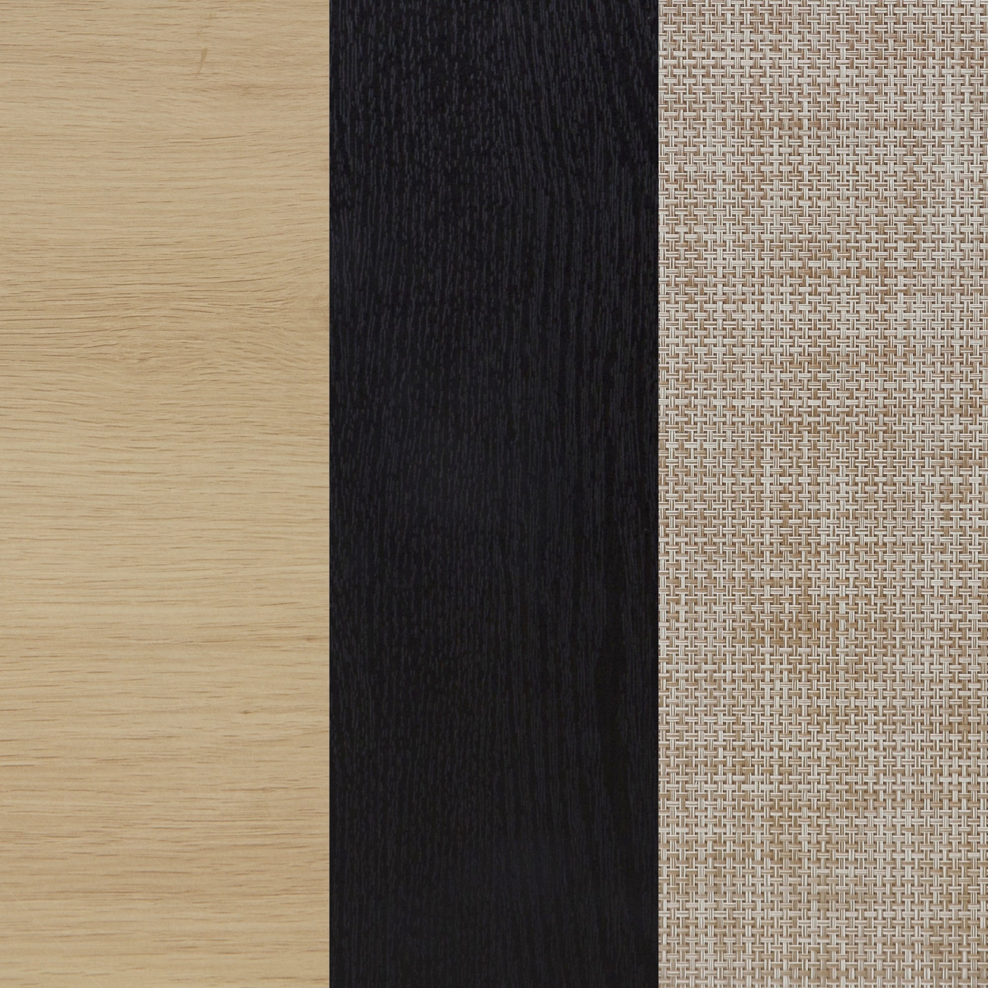 Three vertical panels side by side: light wood grain on the left, dark wood grain in the center, and a beige woven fabric texture on the right.