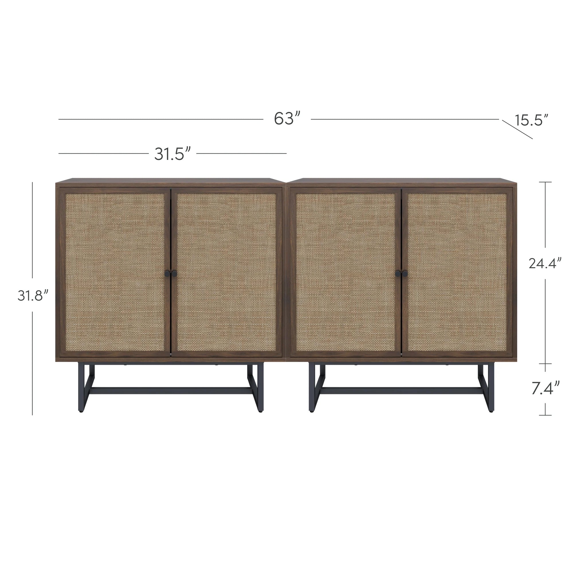 A sideboard cabinet with two sets of double doors, wood frame, woven rattan panels, and black metal legs. Dimensions: 63 wide, 15.5 deep, 31.8 high, 31.5 per section, 24.4 door height, 7.4 leg height.