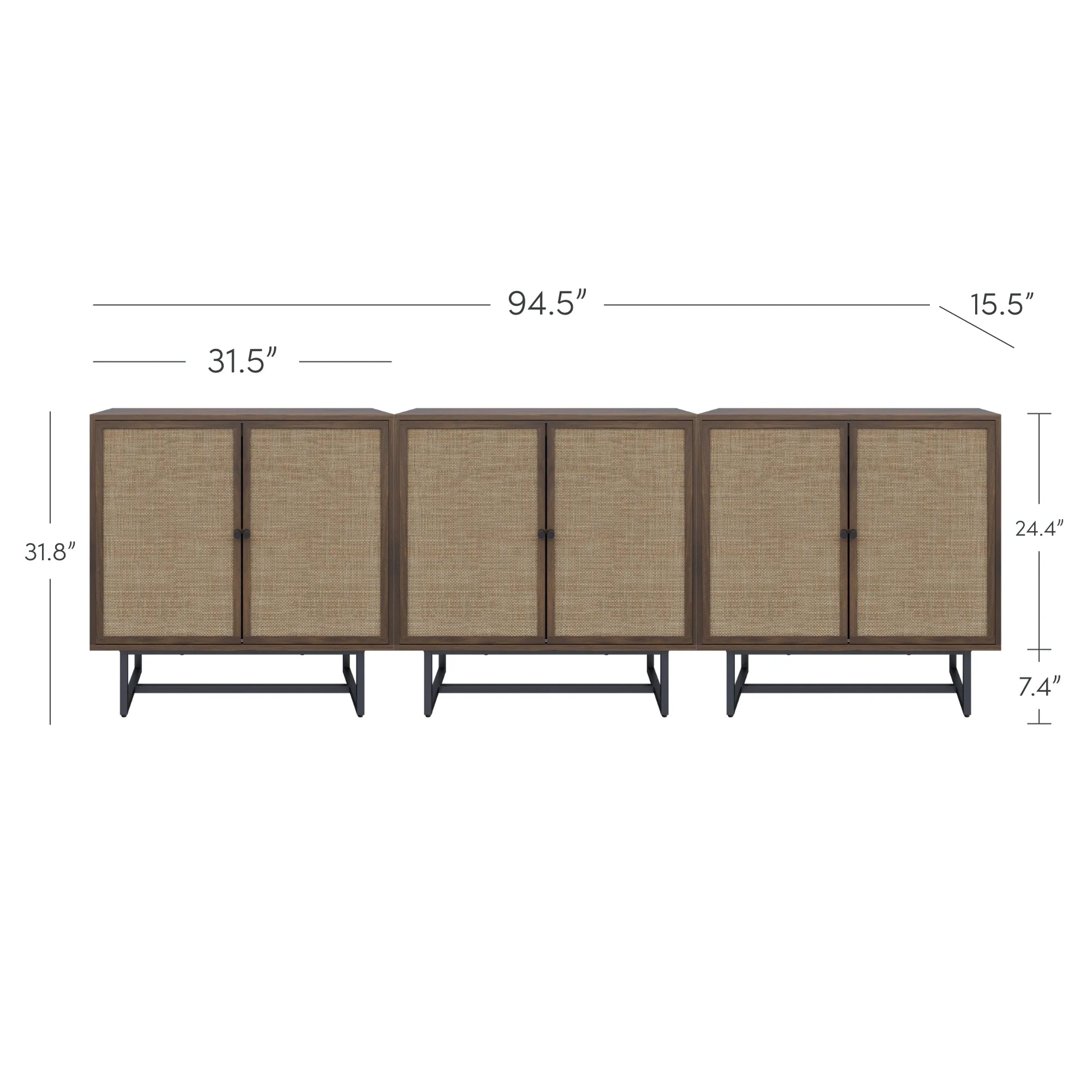 A long, four-door sideboard cabinet with brown wooden frame and woven natural rattan doors, black metal legs, and labeled dimensions: 94.5 wide, 15.5 deep, 31.8 high, 7.4 leg height, 24.4 cabinet height, 31.5 per section.