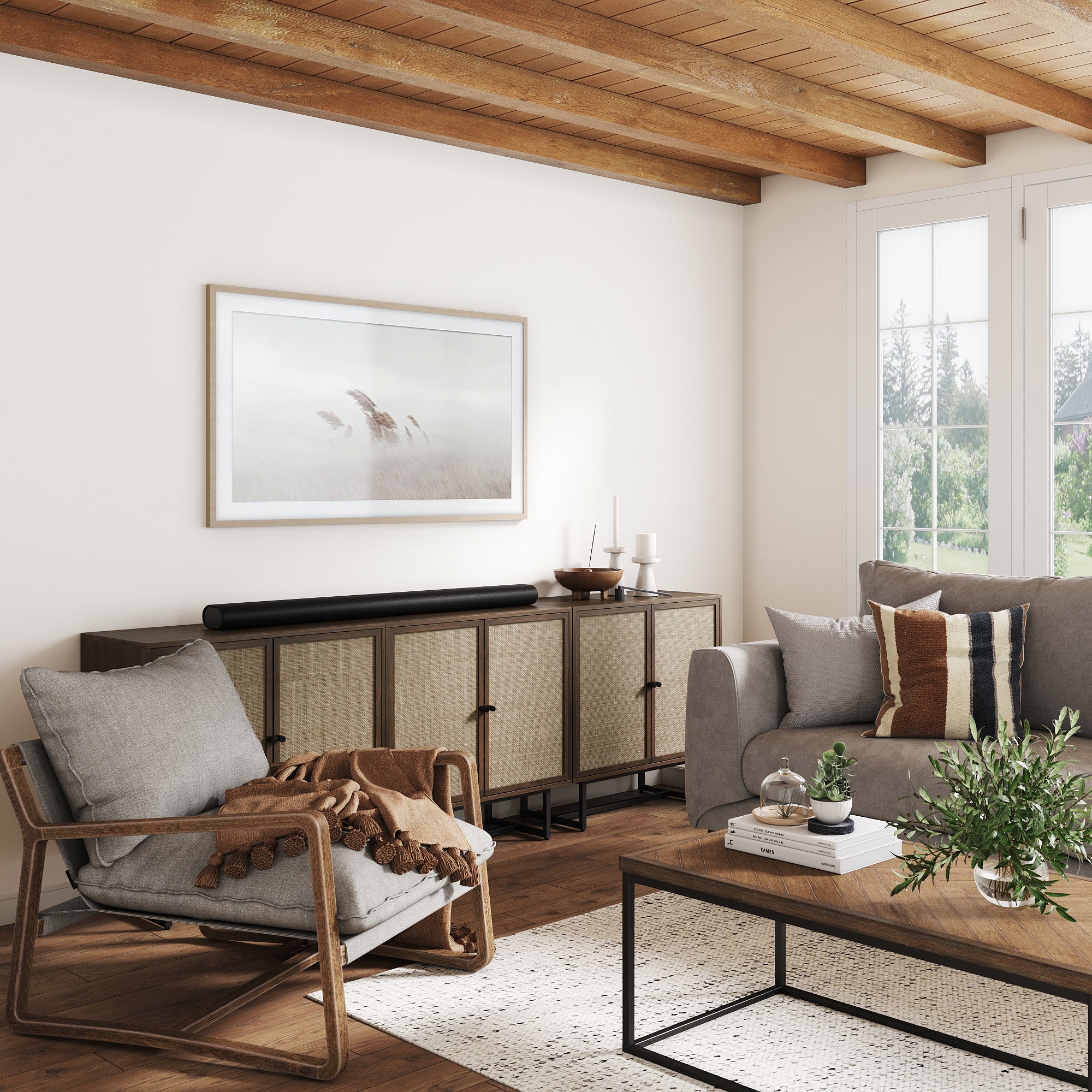 Metal and Rattan TV Stand Console for TVs 75 - 85" Walnut - Nathan James