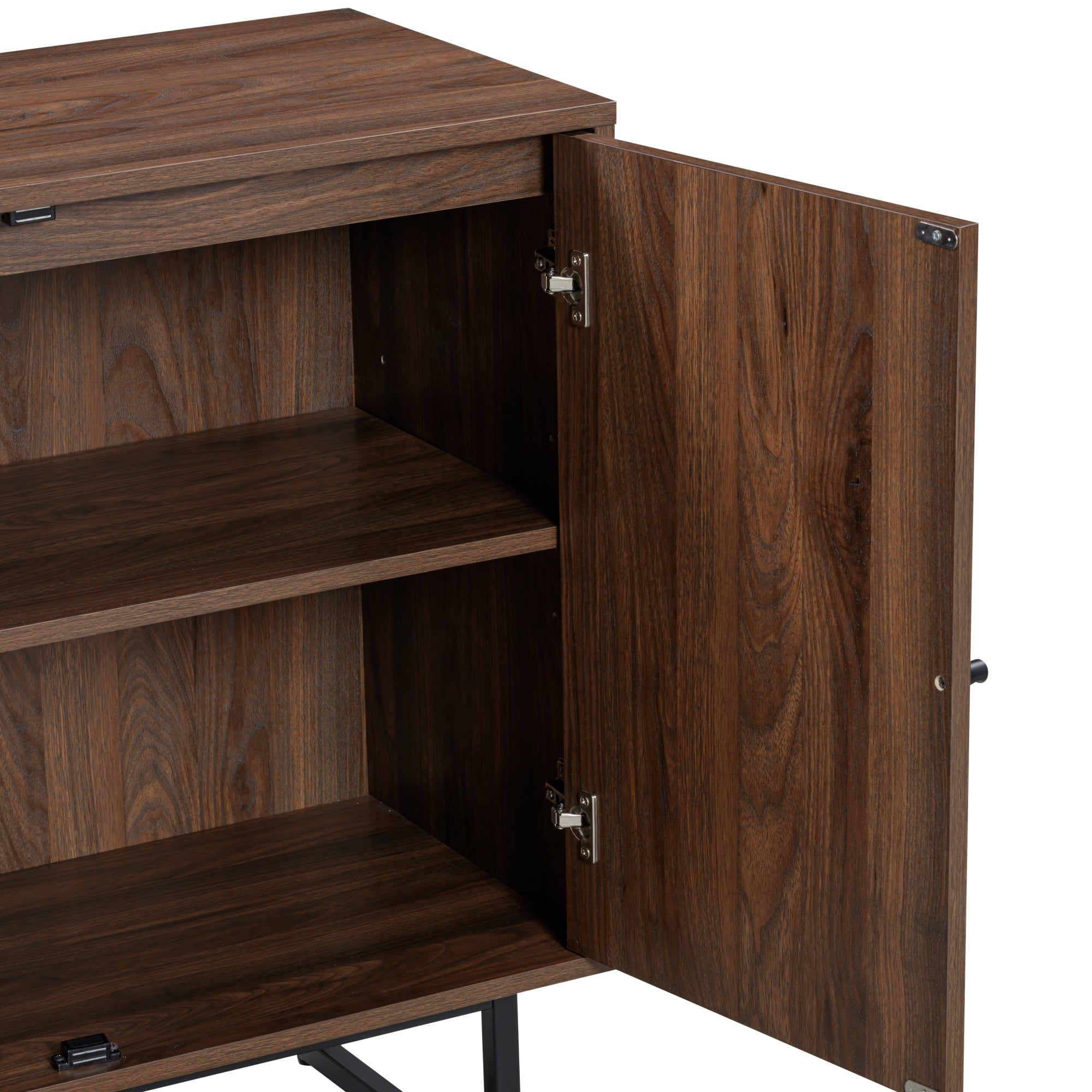 A wooden cabinet with a partially open door, revealing two interior shelves. The cabinet has a rich, dark wood grain finish and metal hinges on the door.