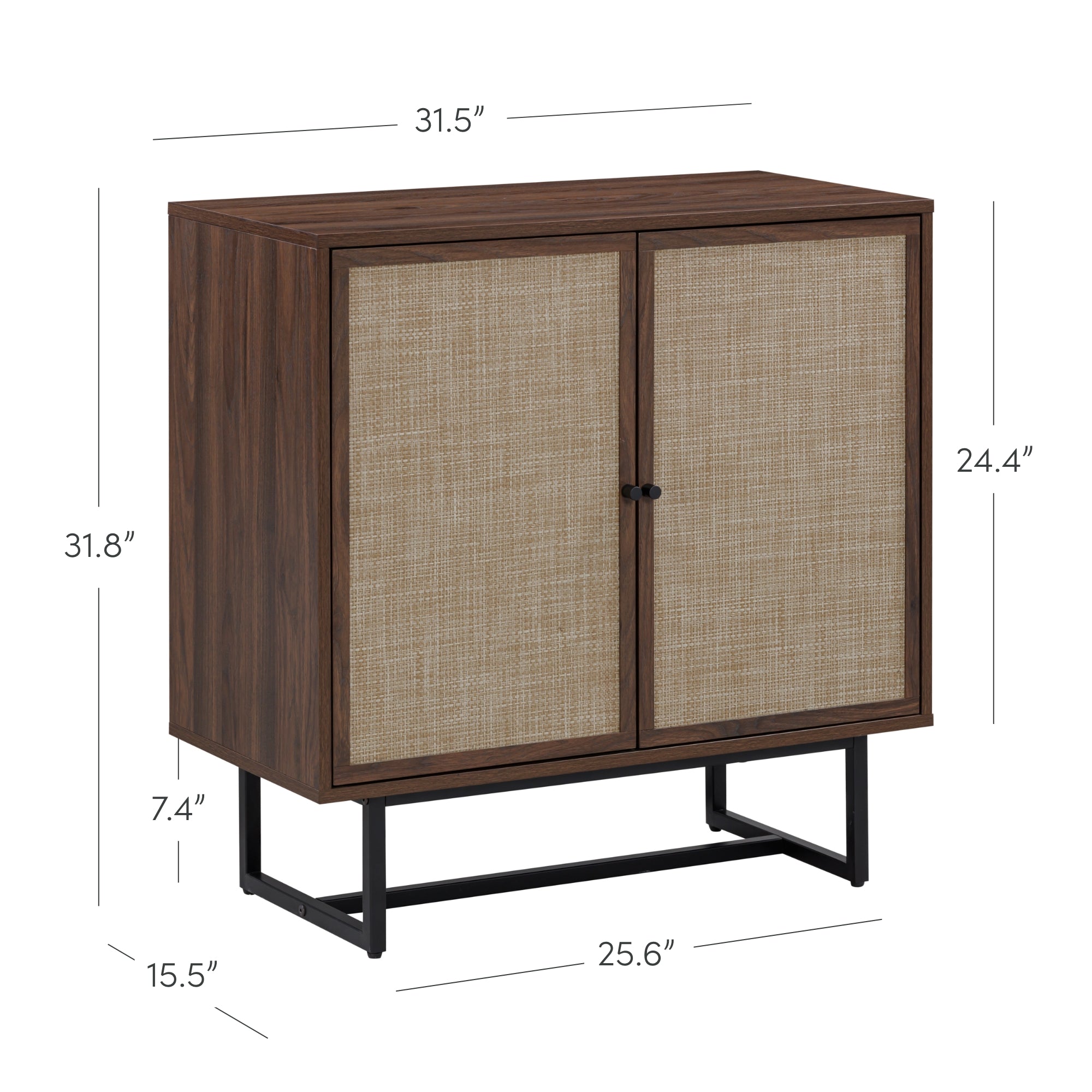 A wooden cabinet with two woven front doors on a black metal base. Measurements are: 31.5 wide, 31.8 tall, 15.5 deep, 25.6 base width, 24.4 door height, and 7.4 from floor to cabinet base.
