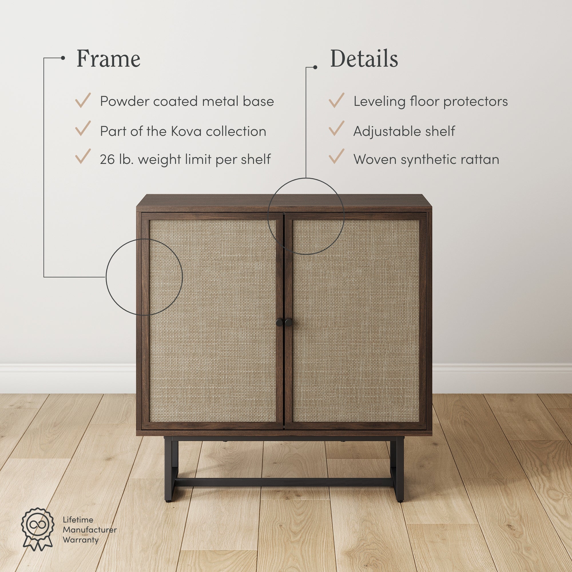 A small cabinet with woven rattan doors and a dark metal base stands on a wooden floor. Text lists features: metal base, Kova collection, 26 lb shelf limit, floor protectors, adjustable shelf, woven synthetic rattan.