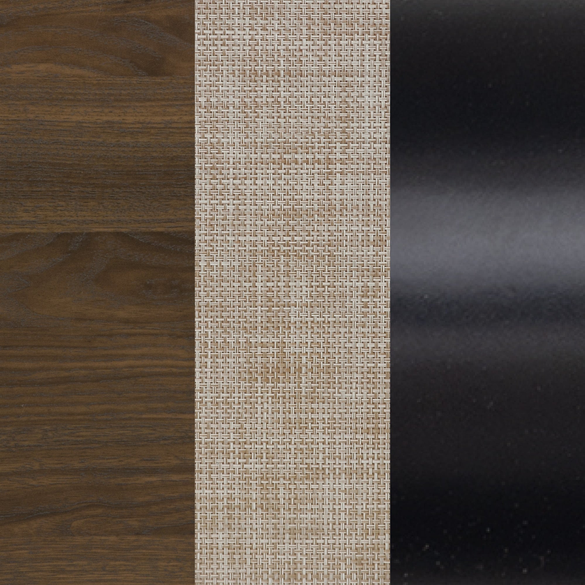 A vertical triptych of textures: dark brown wood grain on the left, beige woven fabric in the center, and smooth, matte black surface on the right.