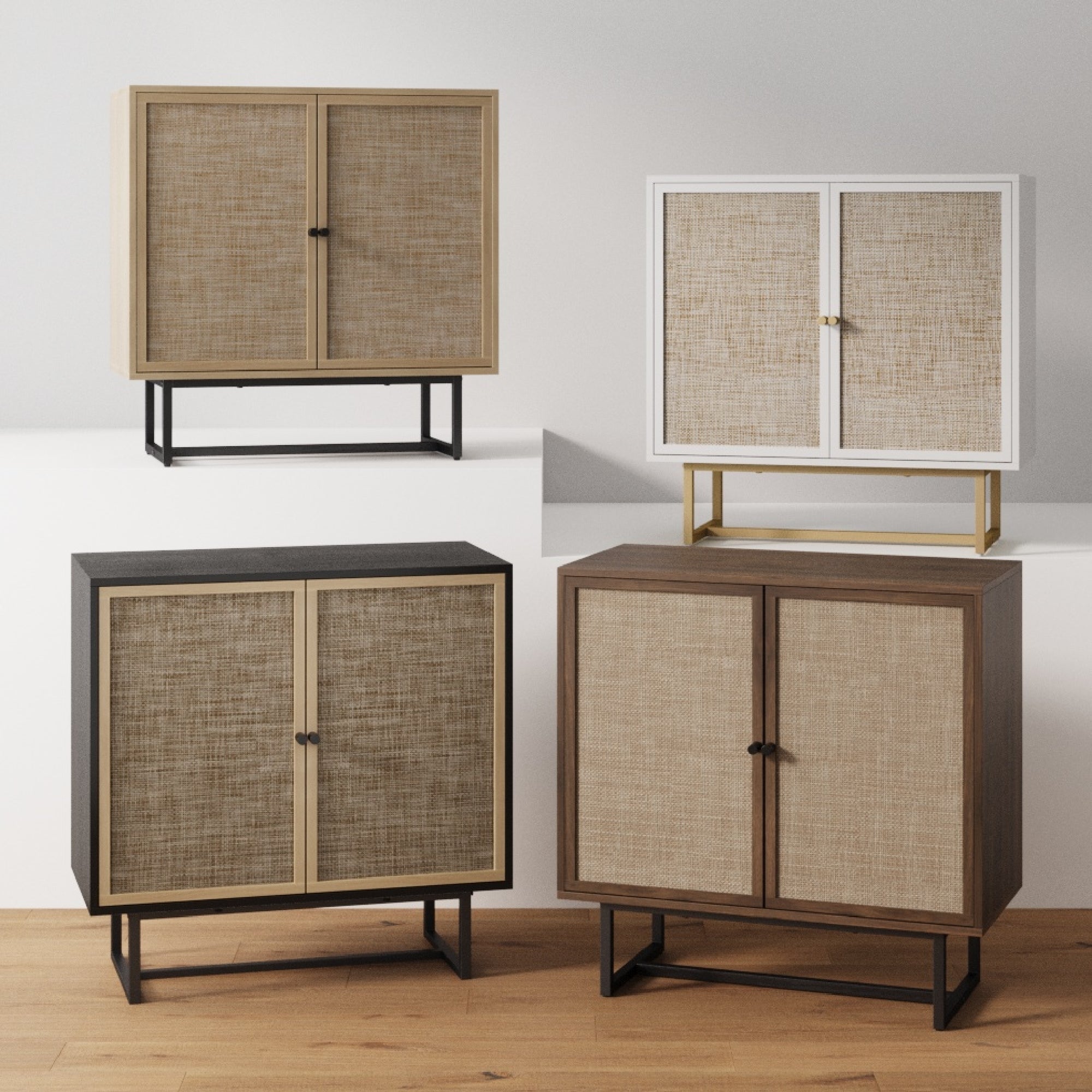 Four modern cabinets with woven rattan doors and metal legs are displayed on a wooden floor and against a plain wall. Each cabinet features different wood and metal finishes in light, dark, and white tones.