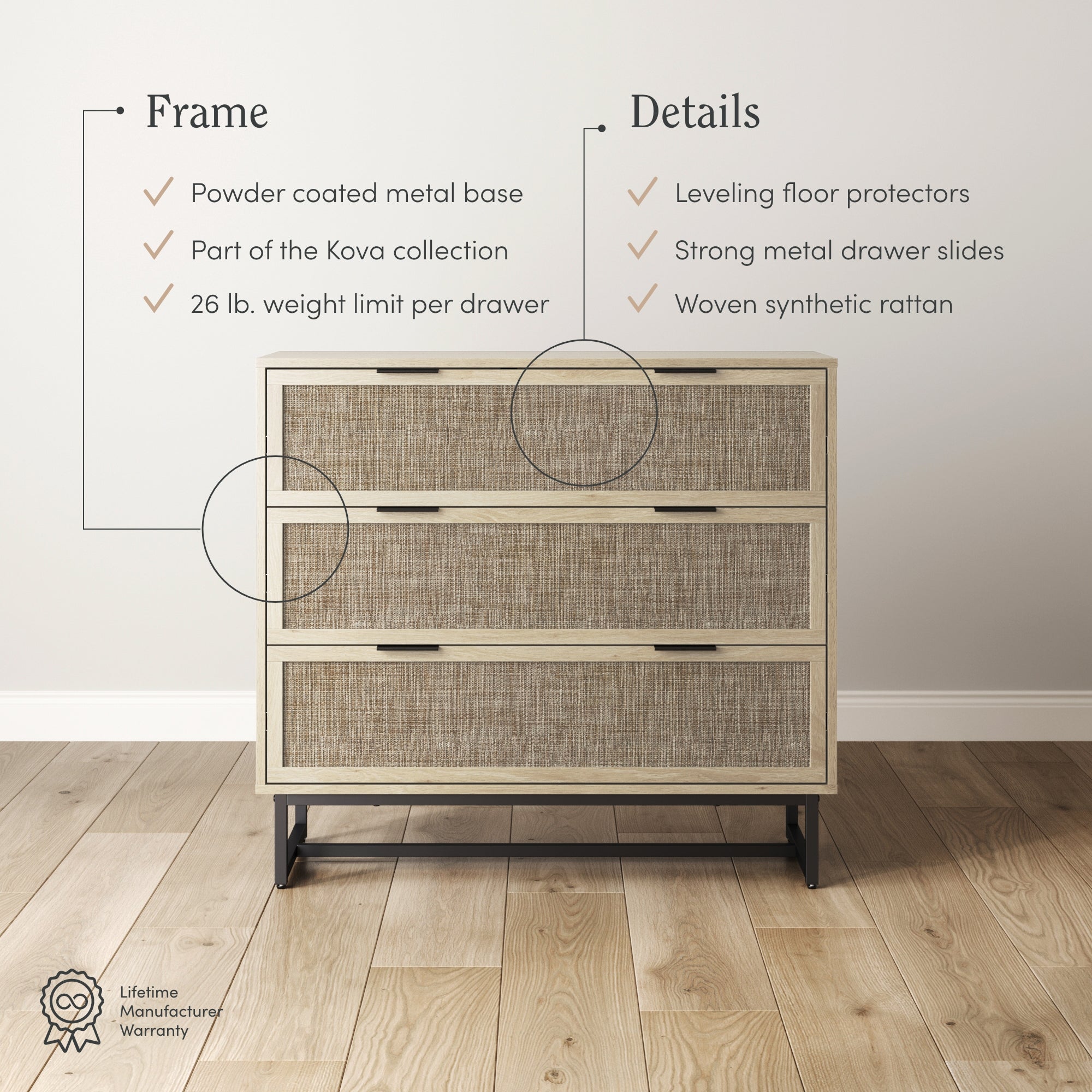 A three-drawer dresser with a woven rattan front, metal base, and wood frame sits on a wooden floor. Text highlights features: powder-coated metal base, 26 lb. drawer limit, leveling feet, and strong metal slides.