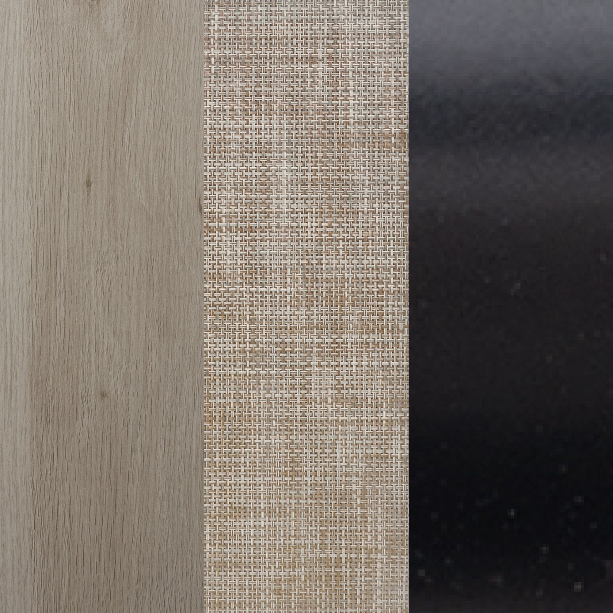 Three vertical panels showing different textures: light-colored wood grain on the left, beige woven fabric in the center, and smooth, shiny black metal on the right.